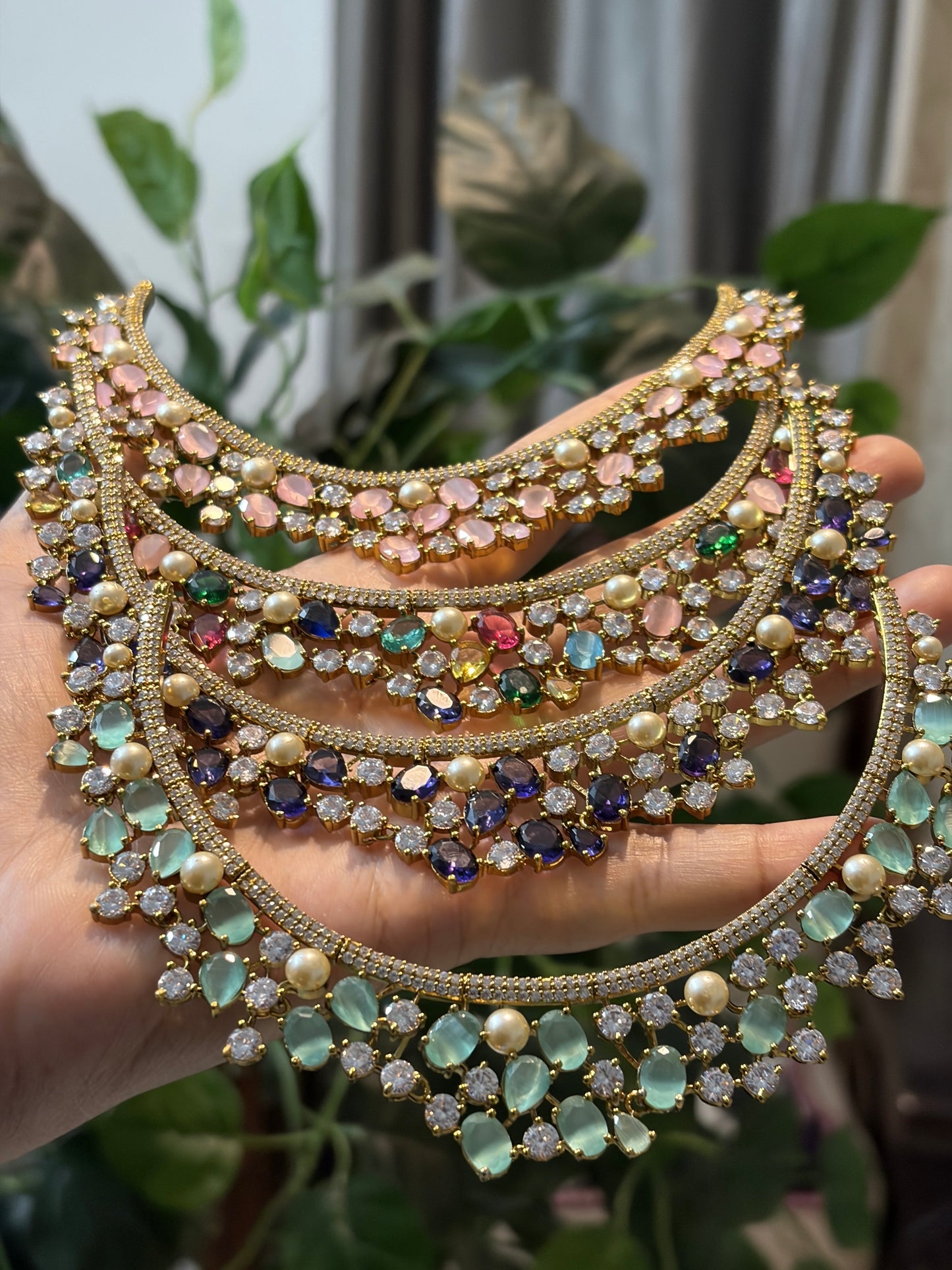 Pastel Statement Necklace Set with Pearls & Moissanite Stones