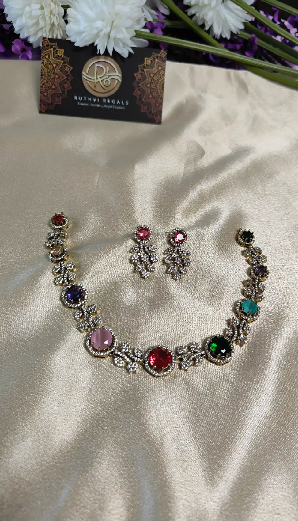 Multicolour Necklace Set with Floral Diamond Accents. Code - 174
