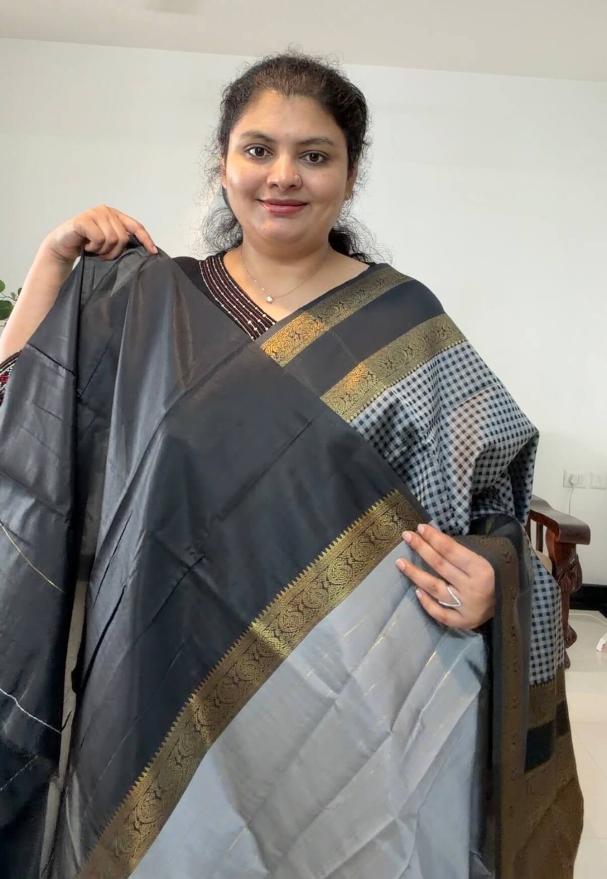 Elegant Black & Grey Checked Katan Silk Saree