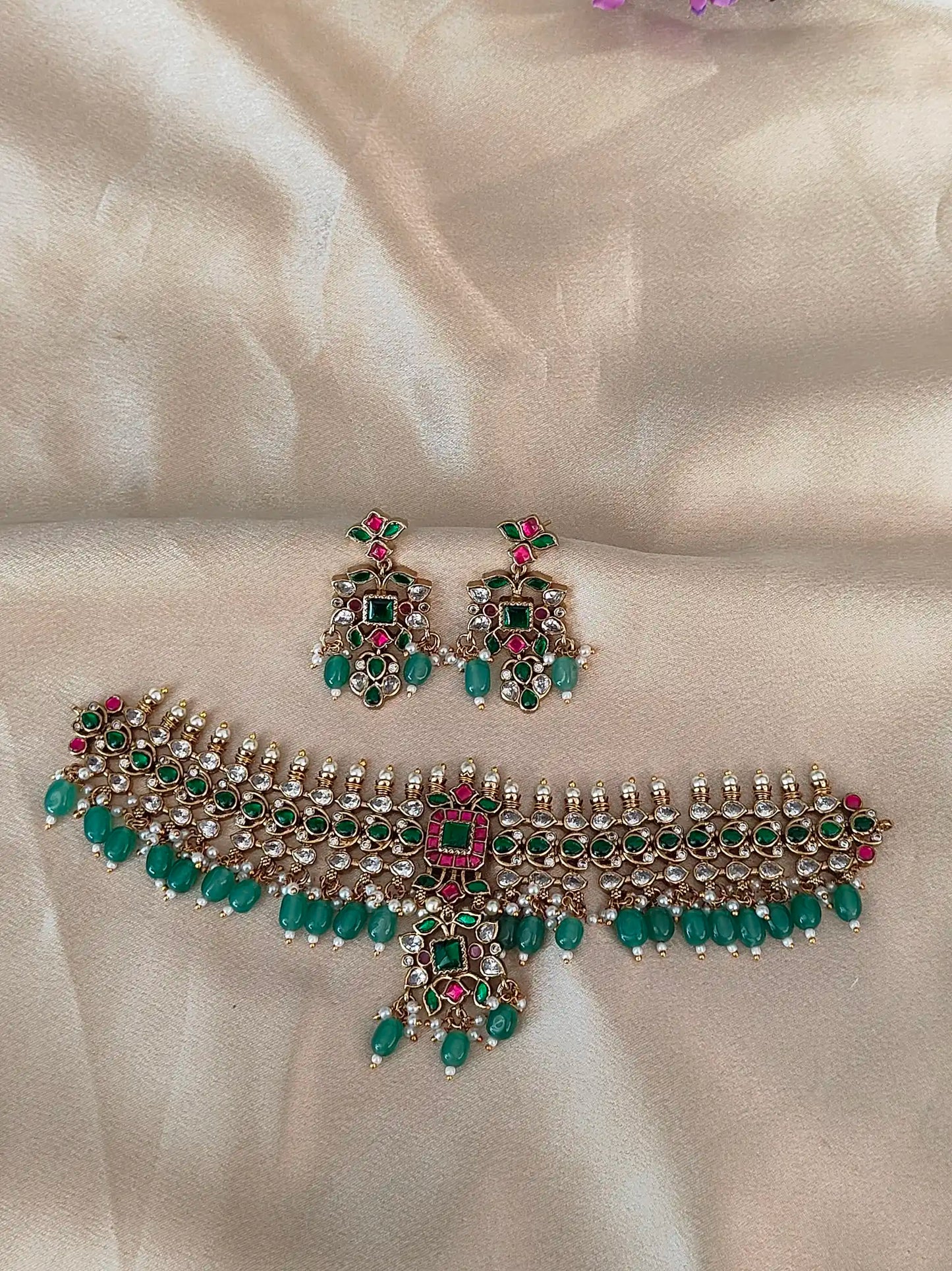 Jadau Kundan Choker Set with Emerald Drops & Earrings