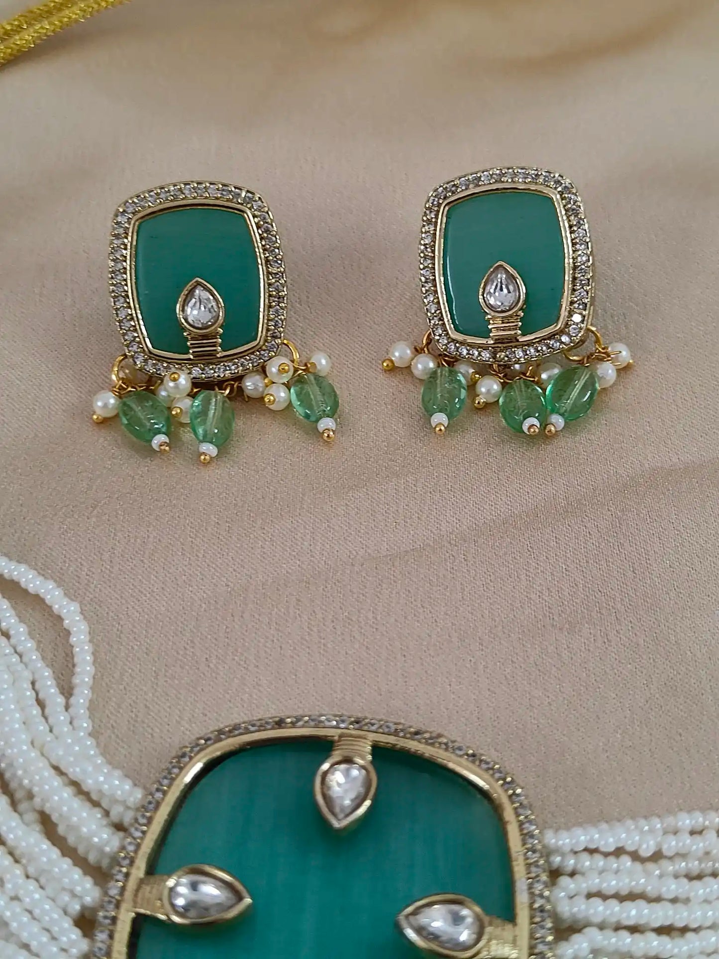 Elegant Green Kundan Choker Necklace Set with Pearl Beads