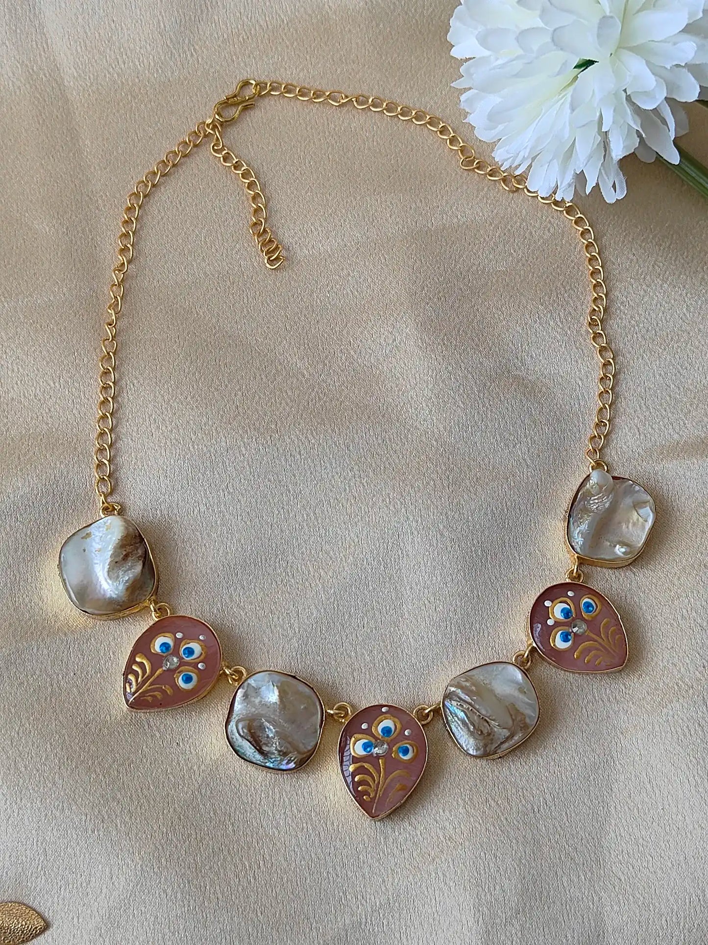 Hand-Painted Enamel Necklace Set with Shell Accents & Adjustable Ring