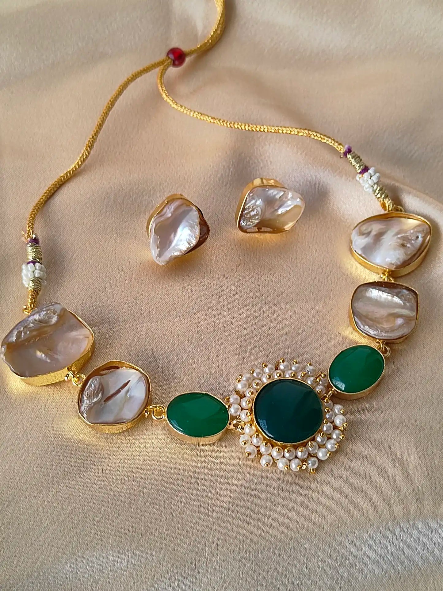 Elegant Mother of Pearl & Green Stone Necklace Set