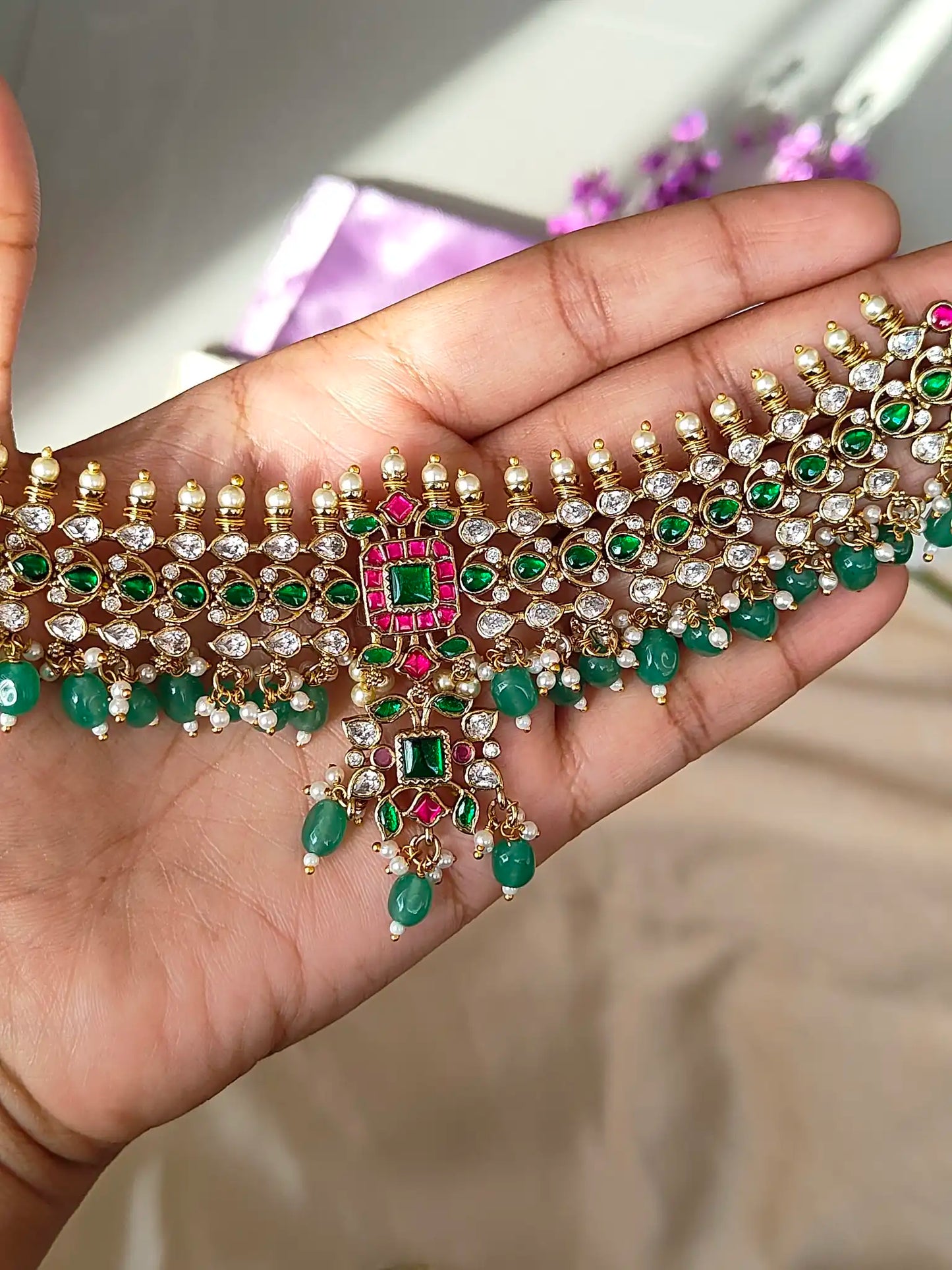 Jadau Kundan Choker Set with Emerald Drops & Earrings