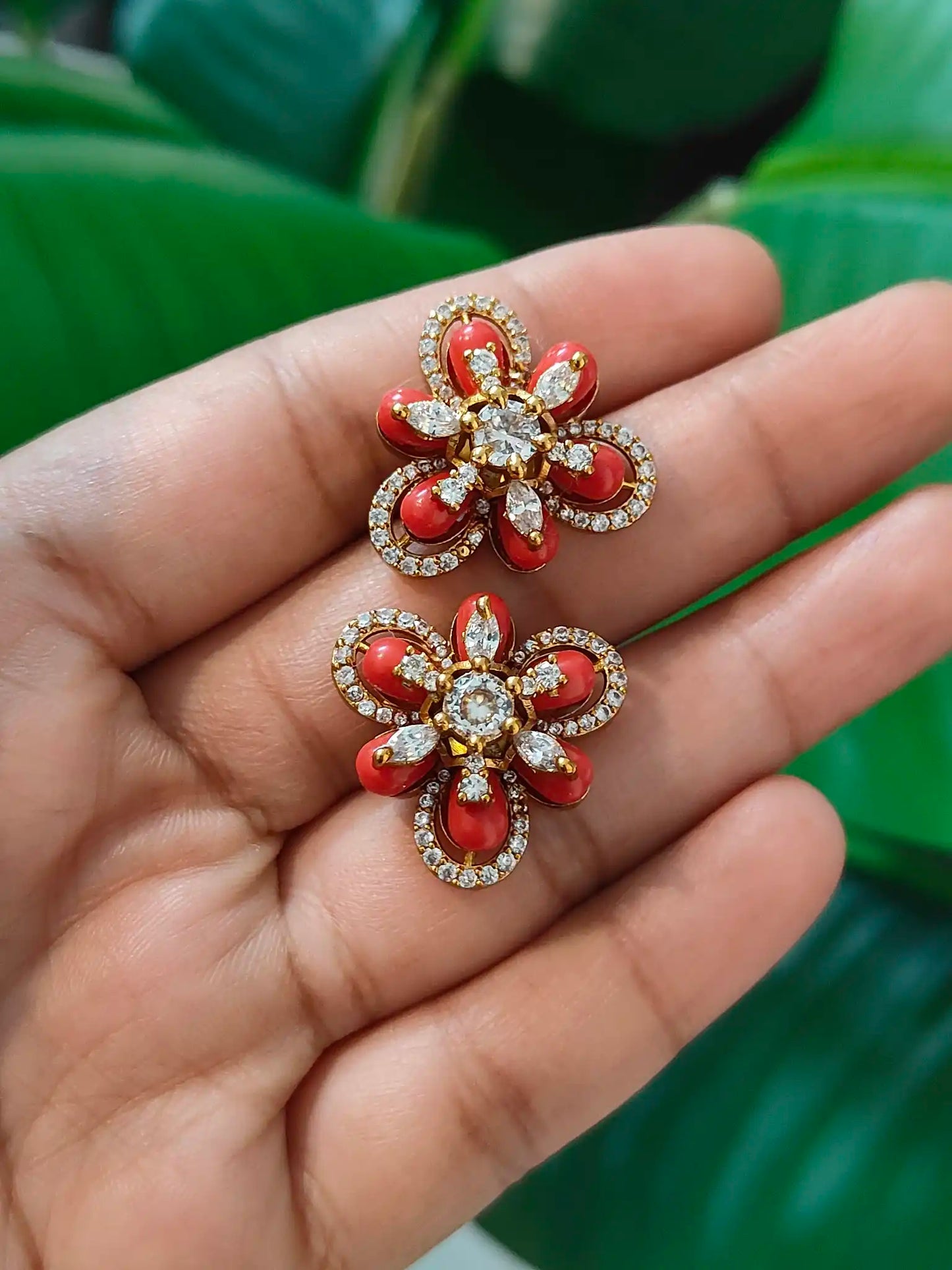 Coral-Inspired Red Floral Stud Earrings. Code - 161
