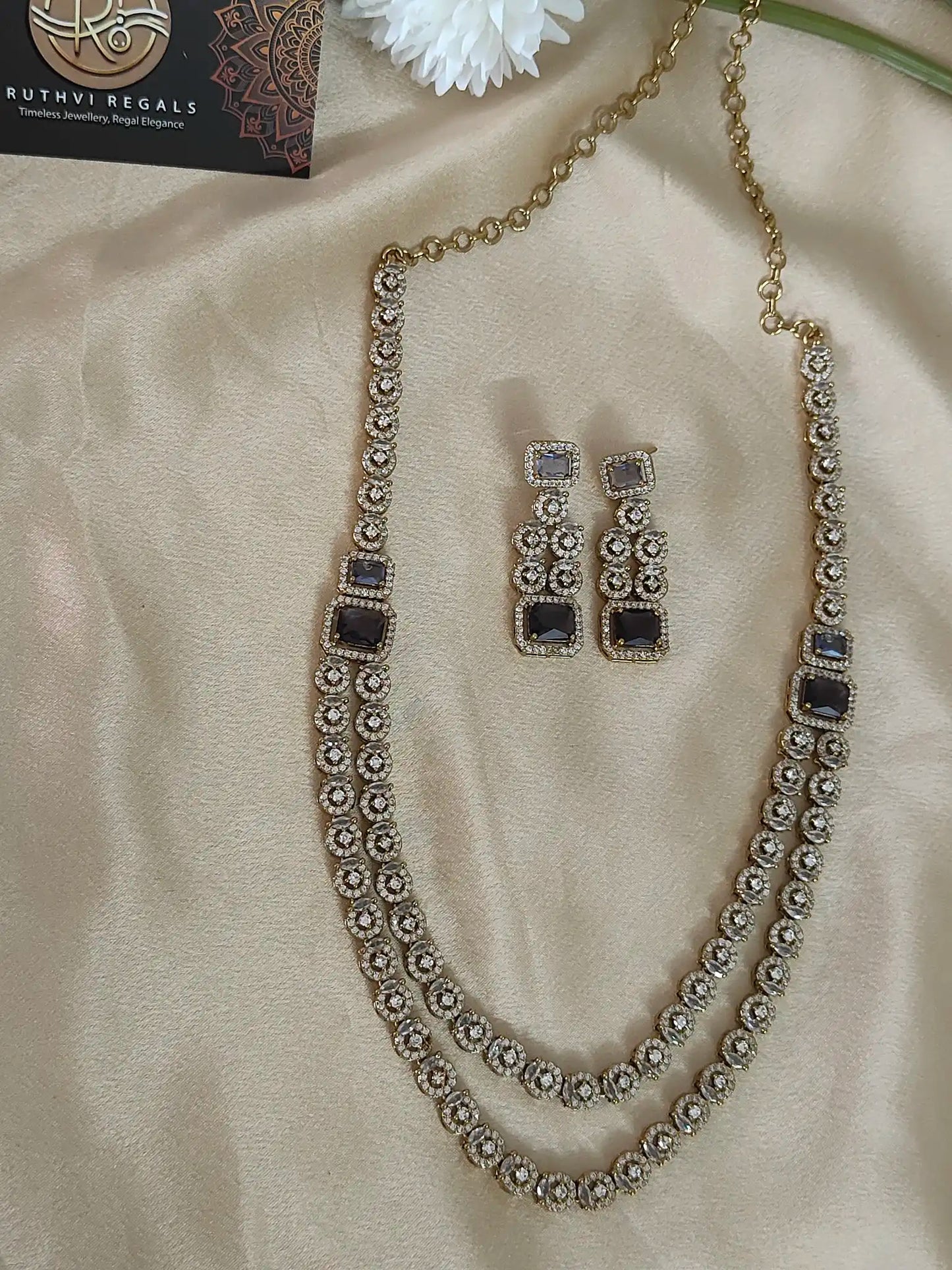 Dual Layer AD Stone Necklace Set with Blue Accents. Code - 145