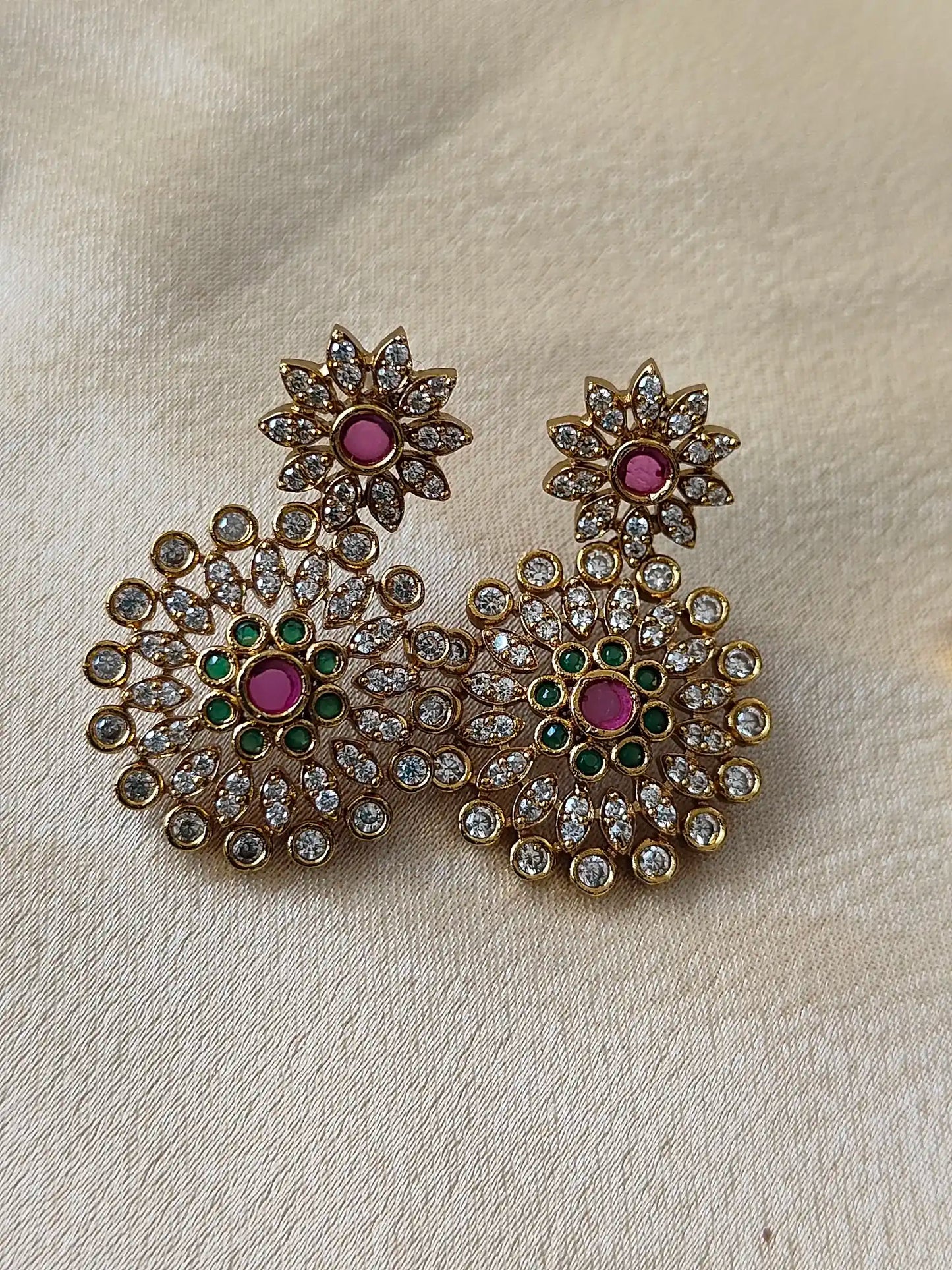 Elegant Gold-Plated Floral Necklace & Earring Set with CZ, Pink & Green Stones - gn0021