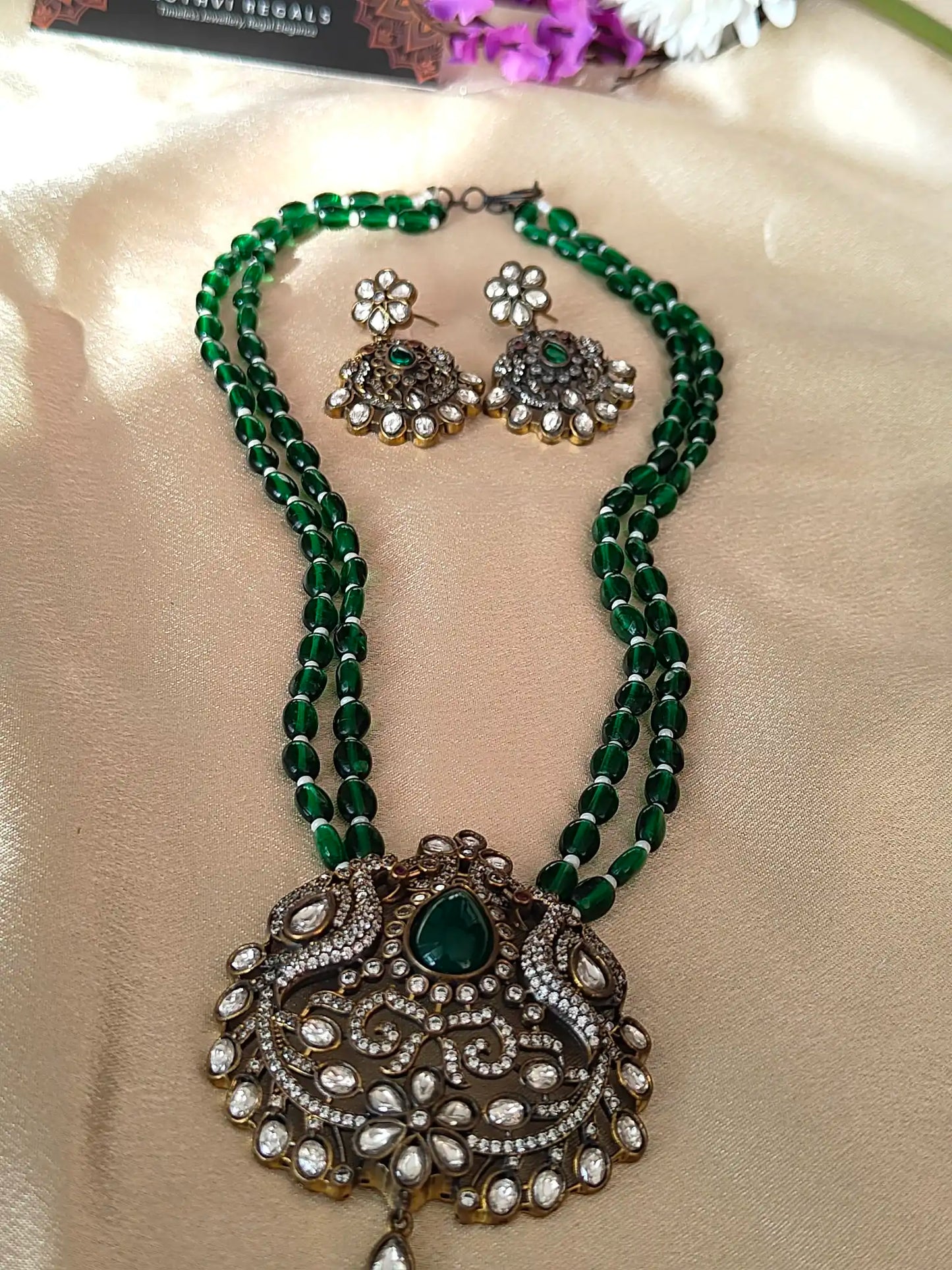 Emerald Green Beaded Kundan Necklace Set. Code - 151