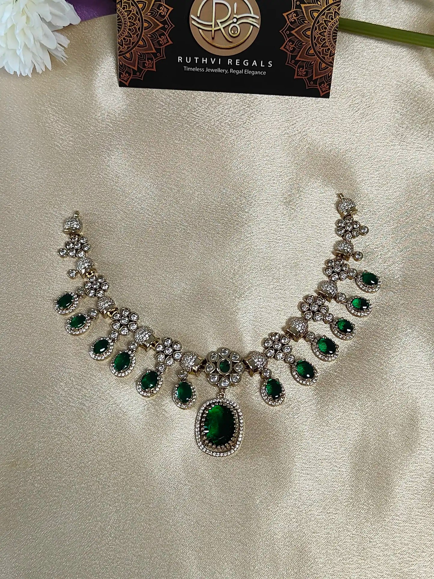 Victorian Mehndi Polish Emerald & Purple AD Necklace Set