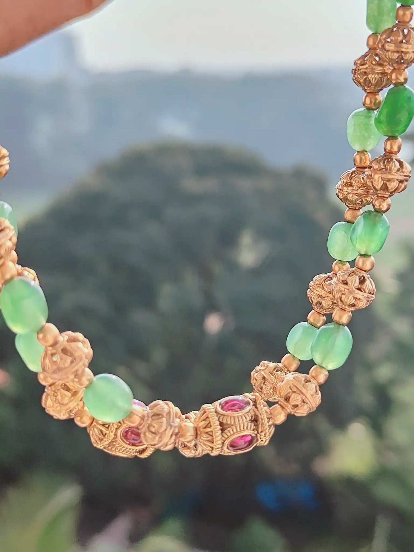 Green Beaded Antique Mala with Gold-Tone Detailing - am0021