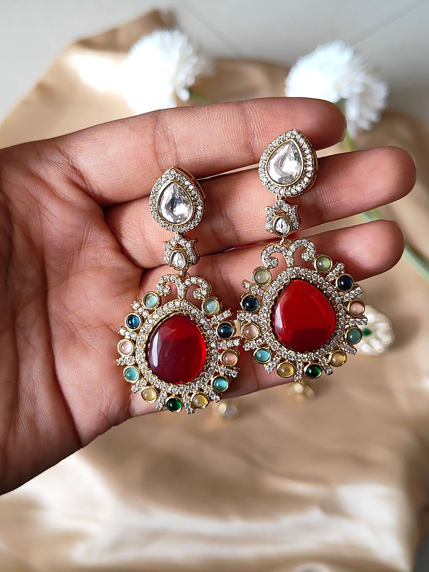 Royal Red Kundan Chandbali Earrings with Multicolor Stone Accents