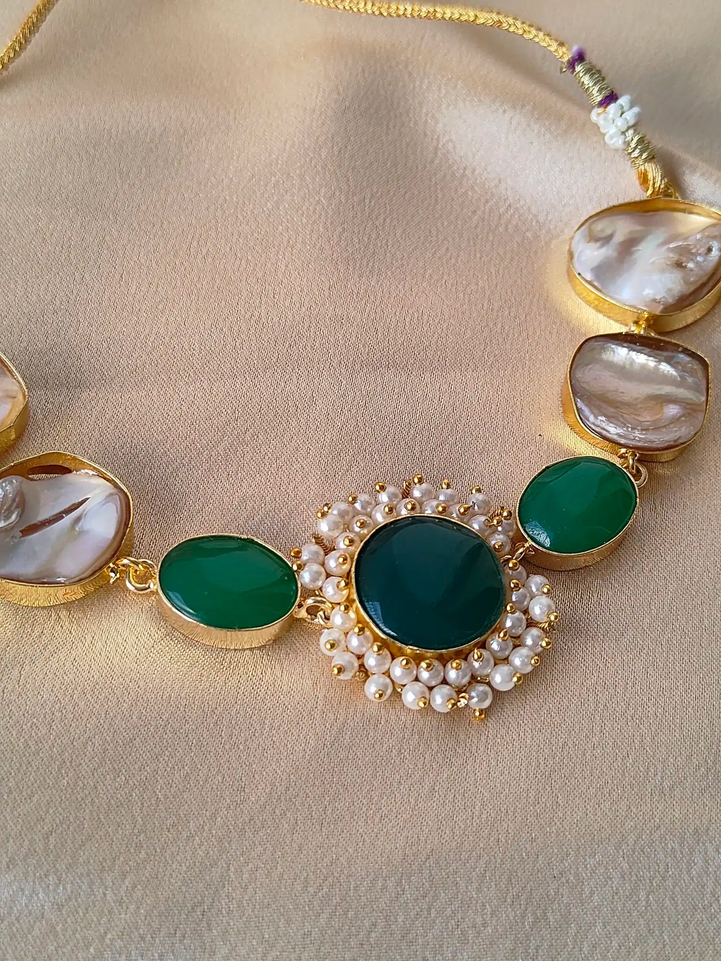Elegant Mother of Pearl & Green Stone Necklace Set