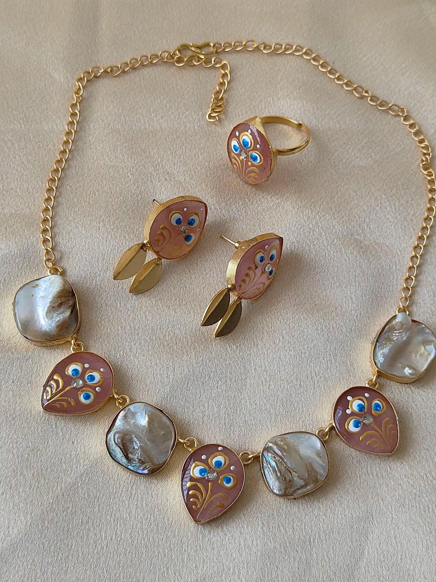 Hand-Painted Enamel Necklace Set with Shell Accents & Adjustable Ring