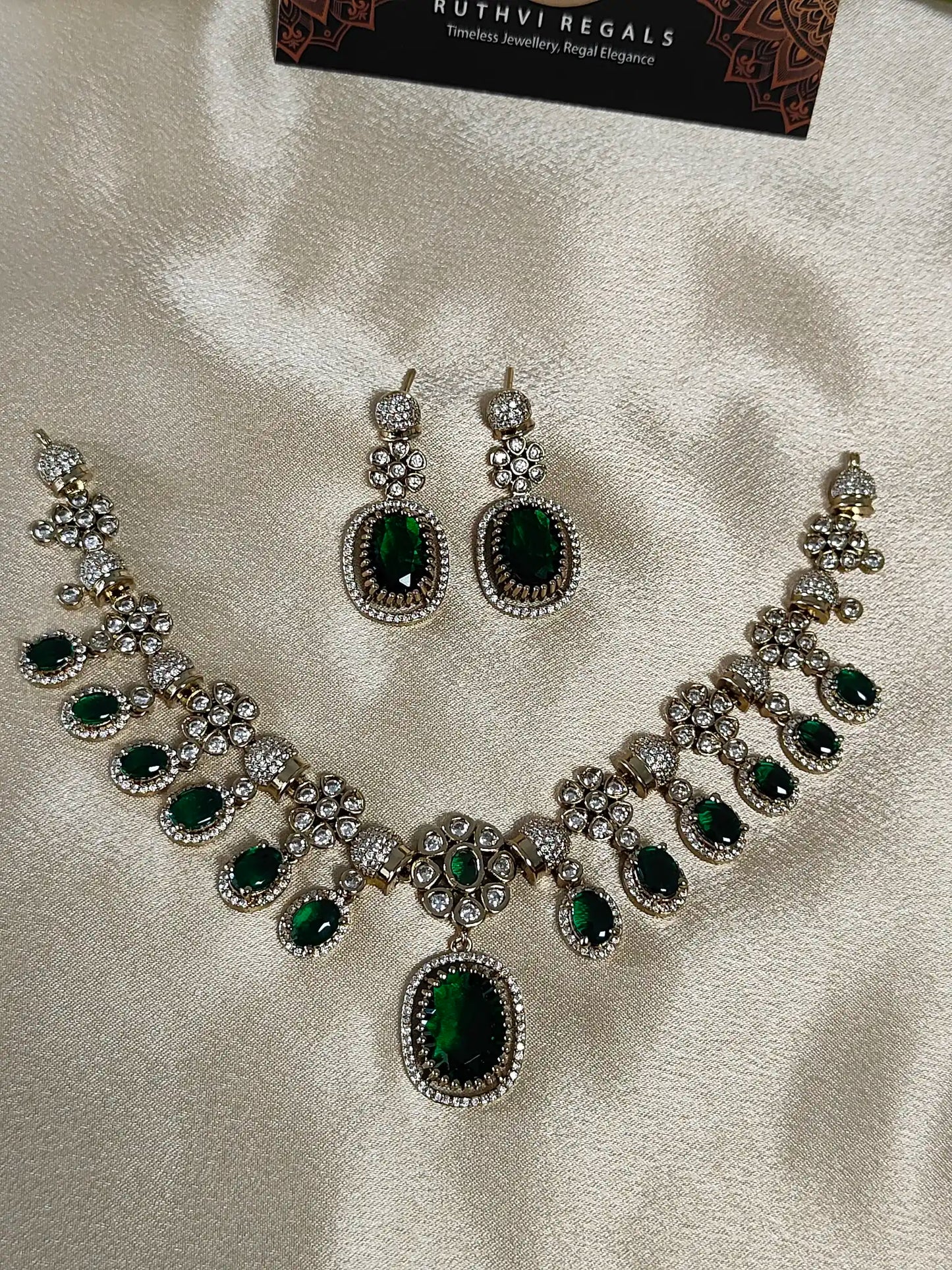 Victorian Mehndi Polish Emerald & Purple AD Necklace Set
