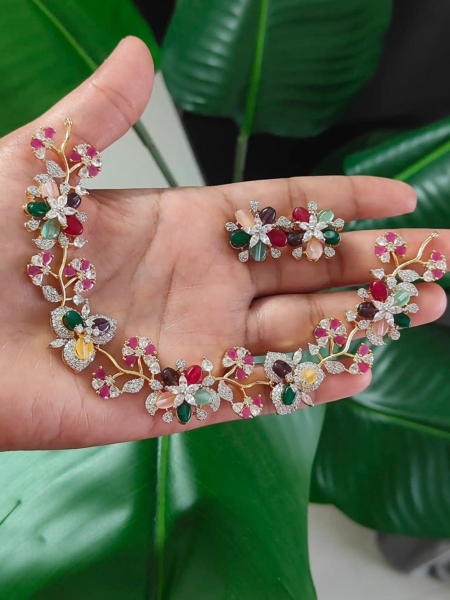 Multicolor Floral AD Stone Necklace Set. Code - 159