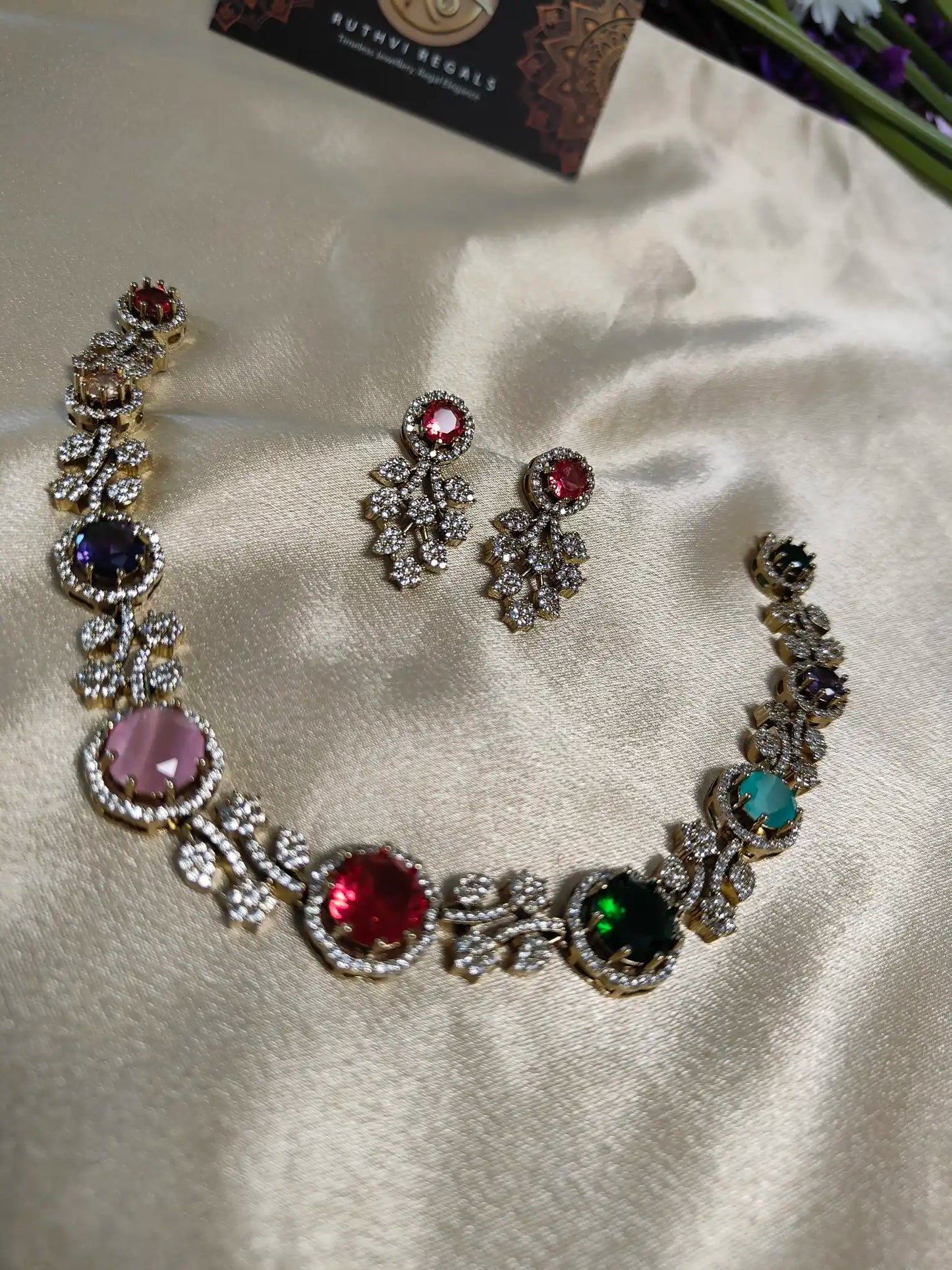 Multicolour Necklace Set with Floral Diamond Accents. Code - 174
