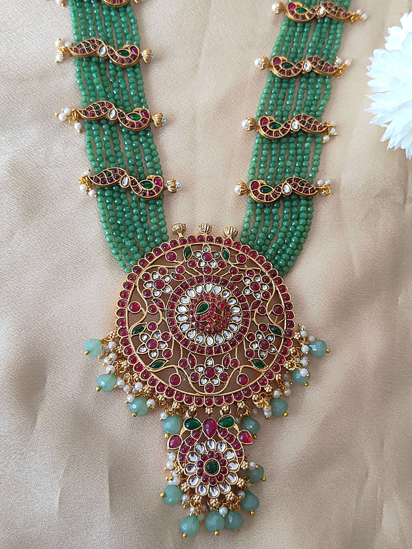 Grand Temple-Style Peacock Haram Set with Kundan and Green Bead Detailing