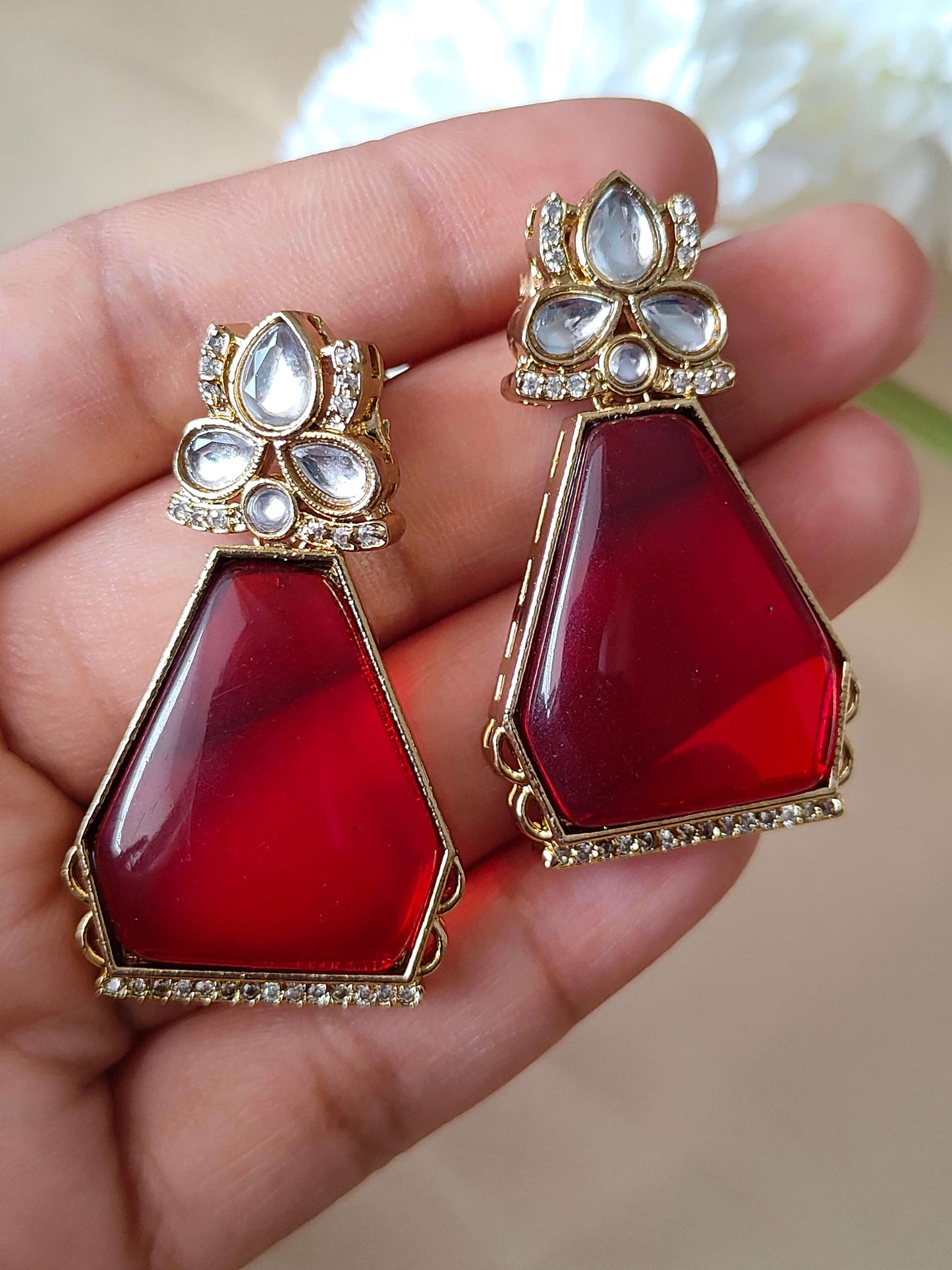 Premium Regal Red Kundan-Style Drop Earrings