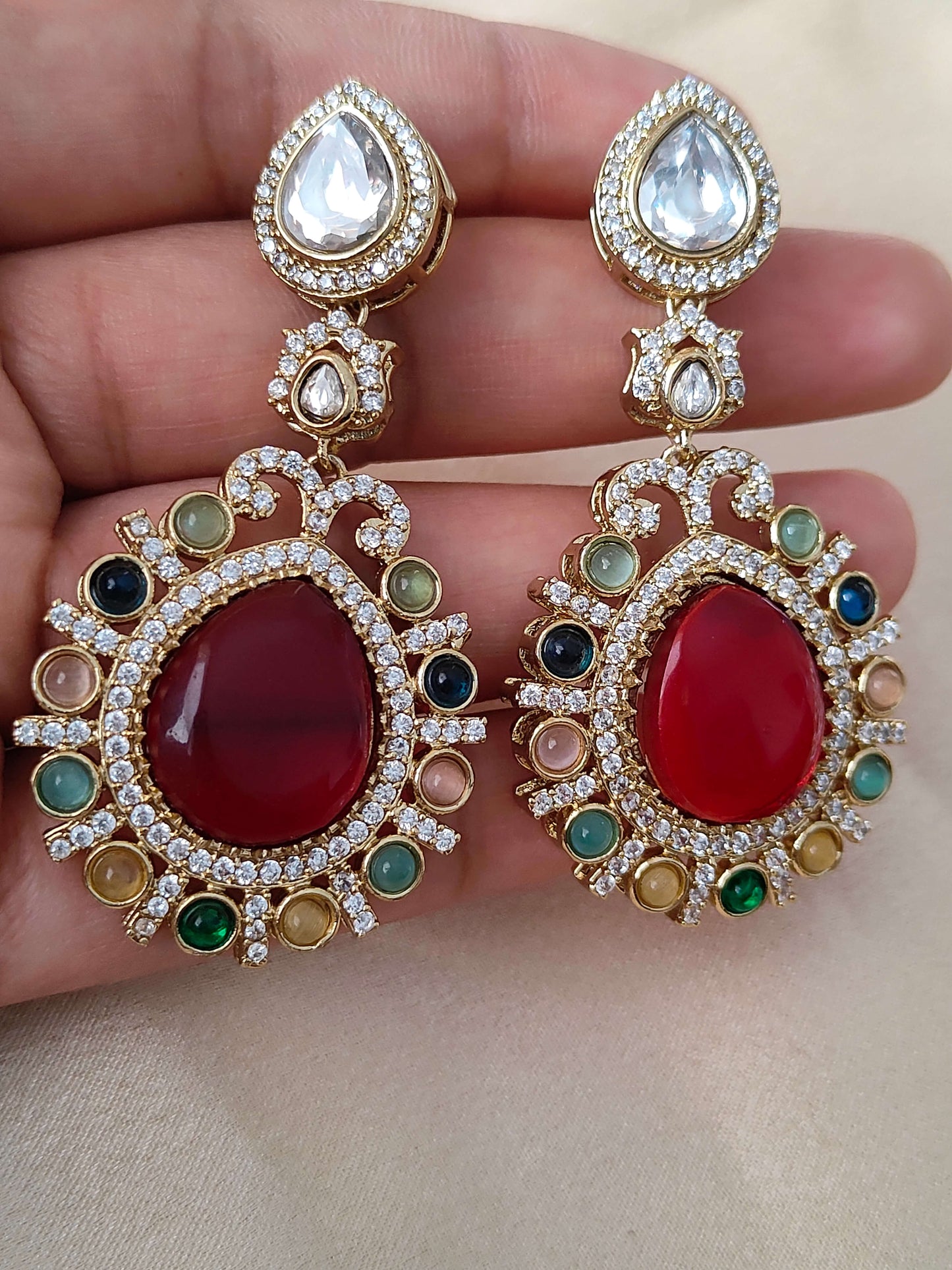 Royal Red Kundan Chandbali Earrings with Multicolor Stone Accents