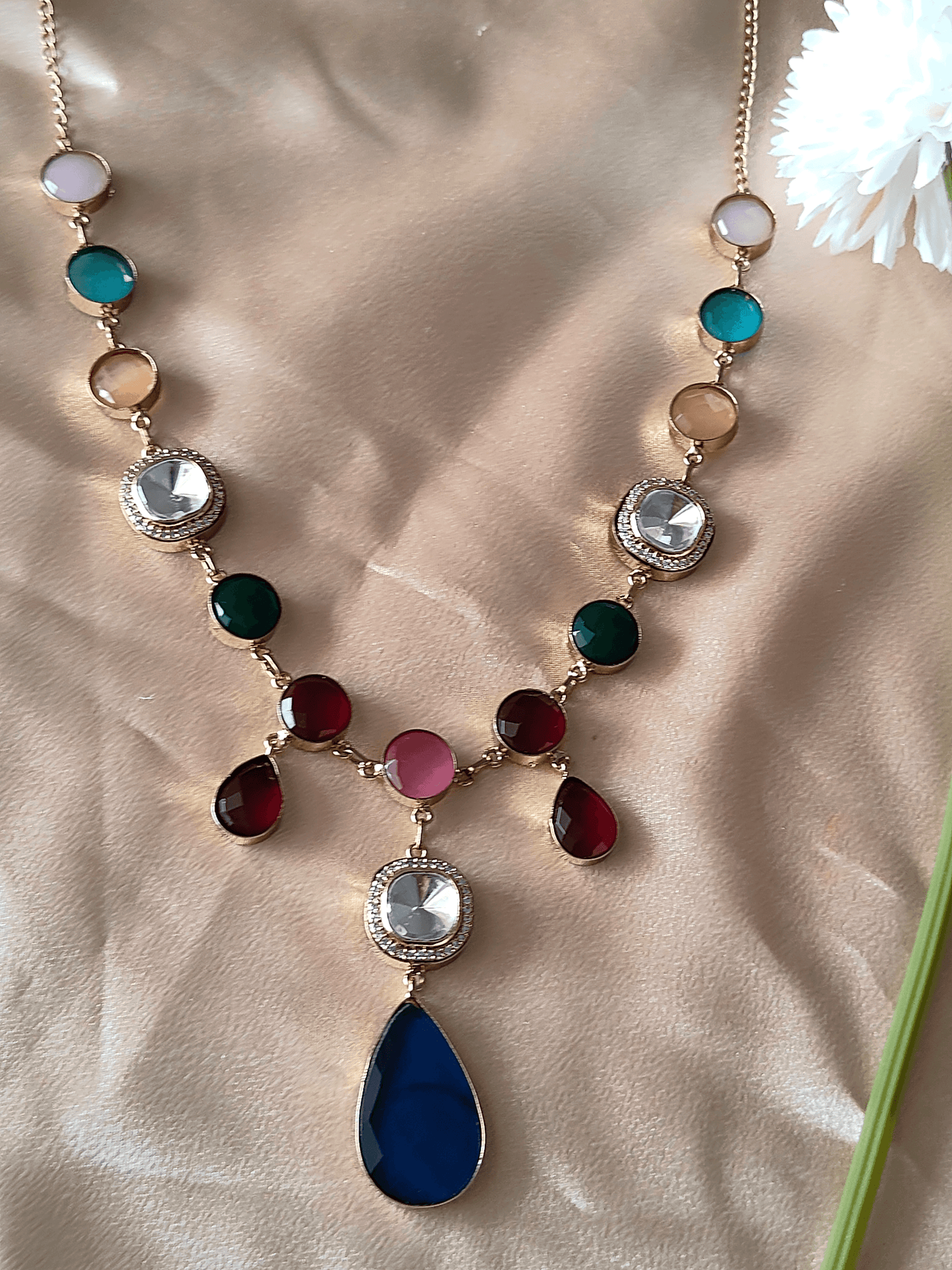 Elegant Multicolor Kundan Necklace Set with Blue Stone Drops