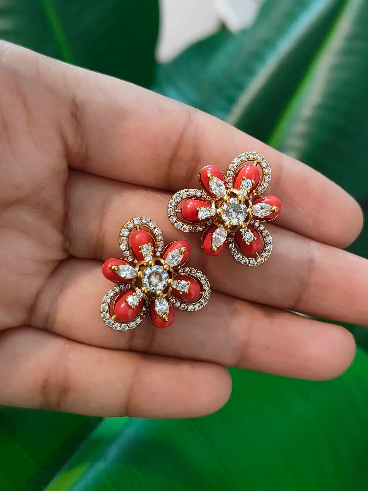 Coral-Inspired Red Floral Stud Earrings. Code - 161