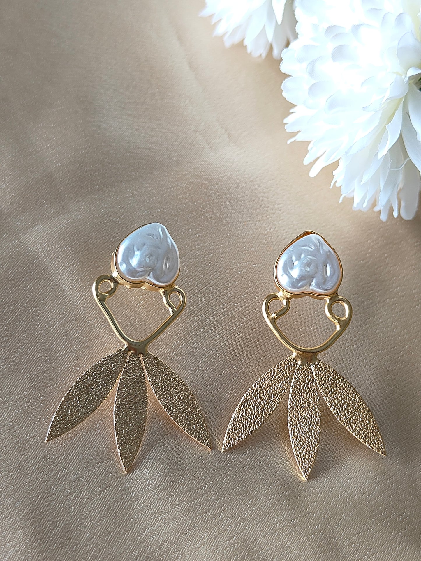 Heart Pearl and Textured Leaf Drop Earrings