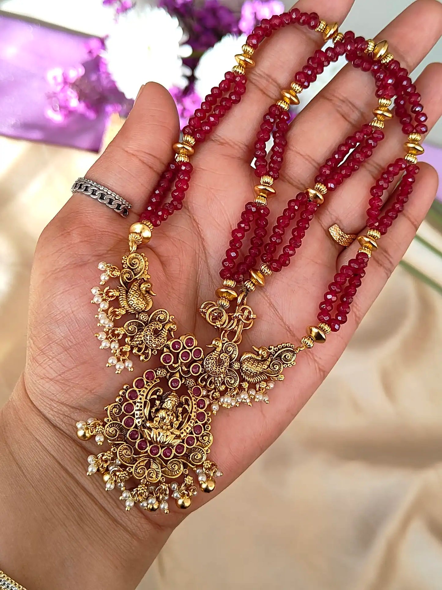 Lakshmi Temple Haram with Beaded Chain. Code - 152