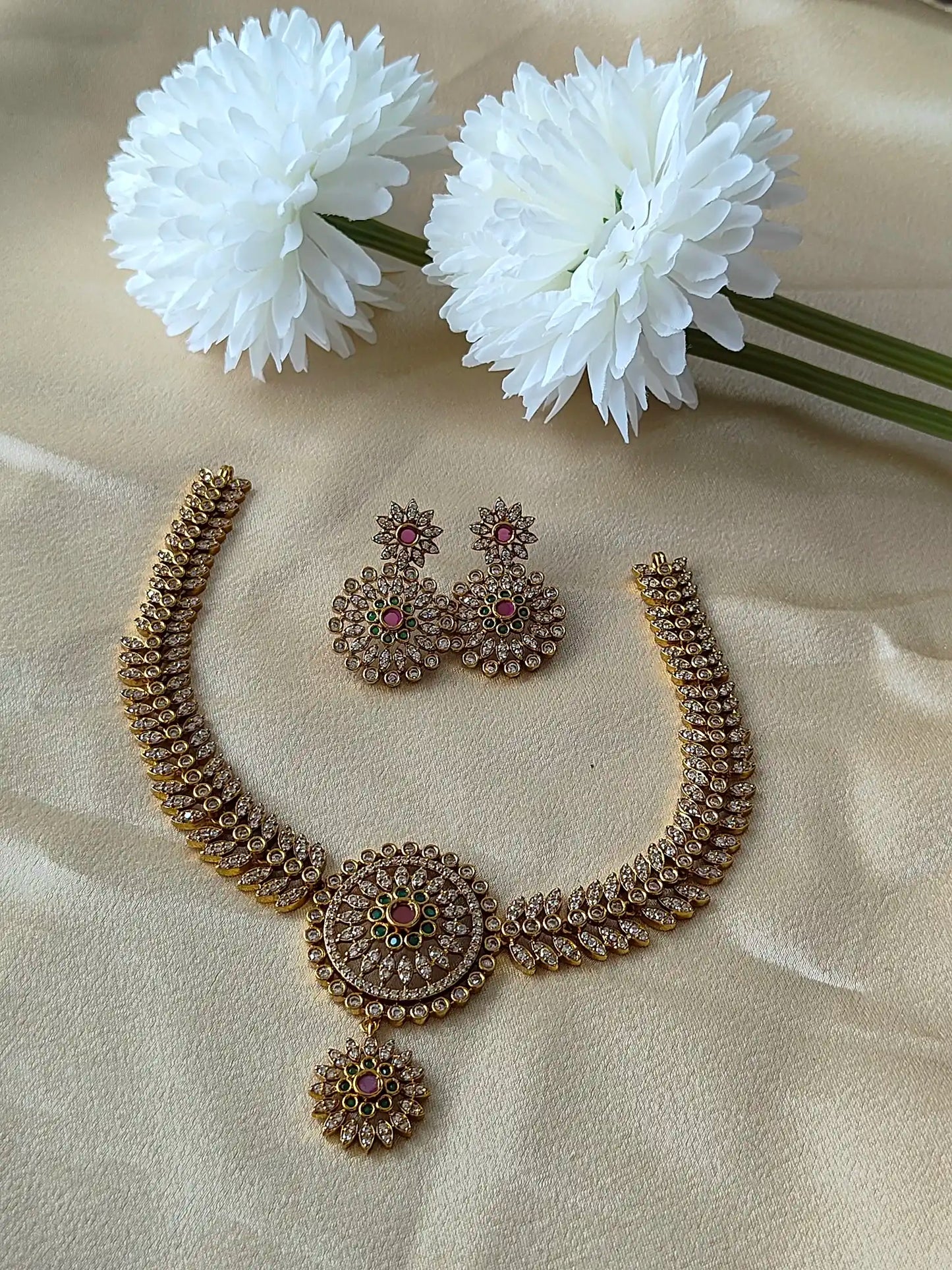 Elegant Gold-Plated Floral Necklace & Earring Set with CZ, Pink & Green Stones - gn0021