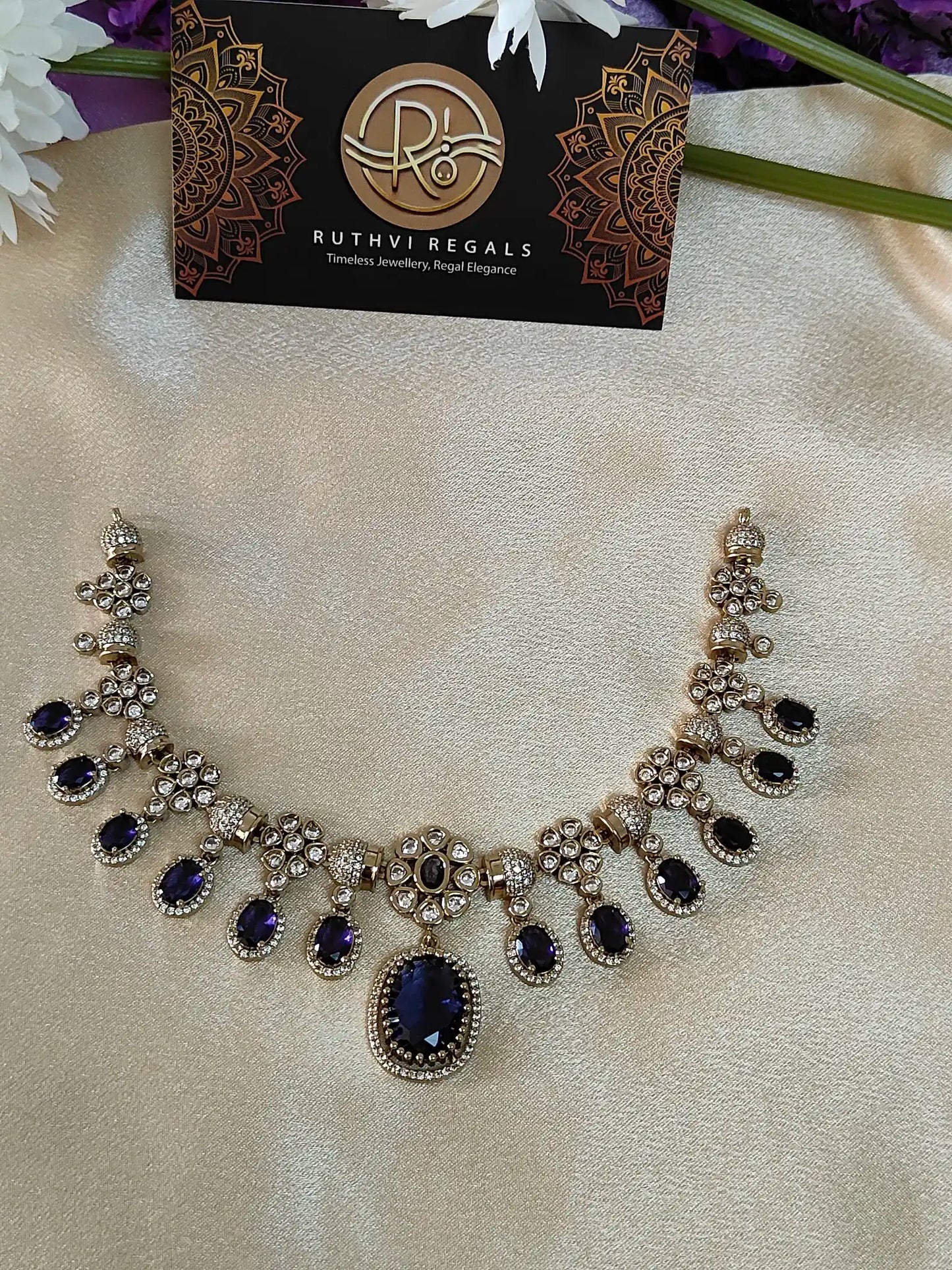 Victorian Mehndi Polish Emerald & Purple AD Necklace Set