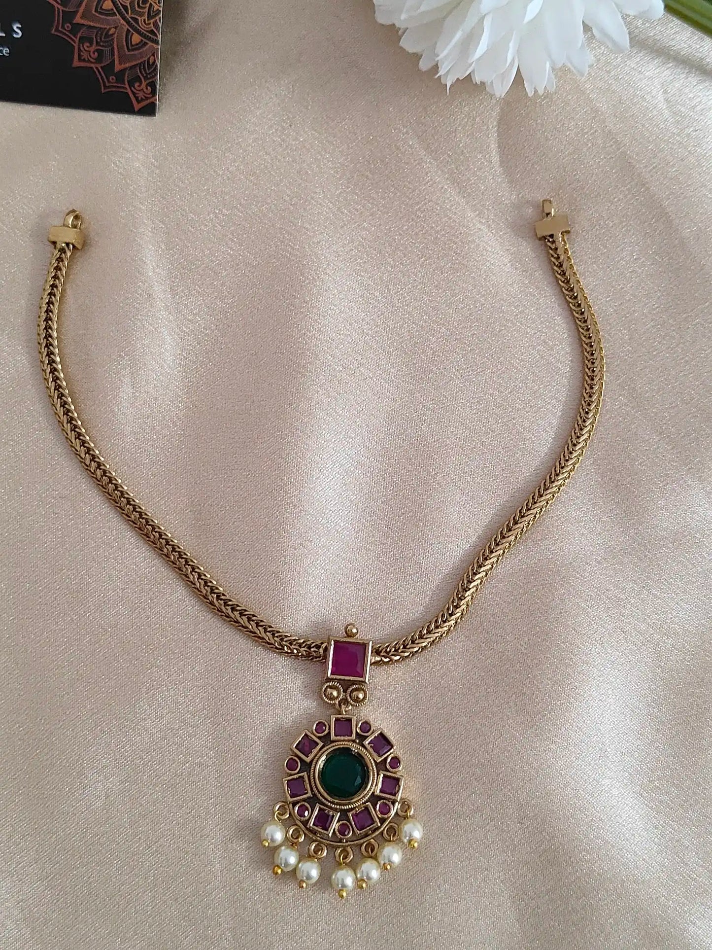 Antique Ruby Green Kemp Necklace & Earring Set. Code - 130