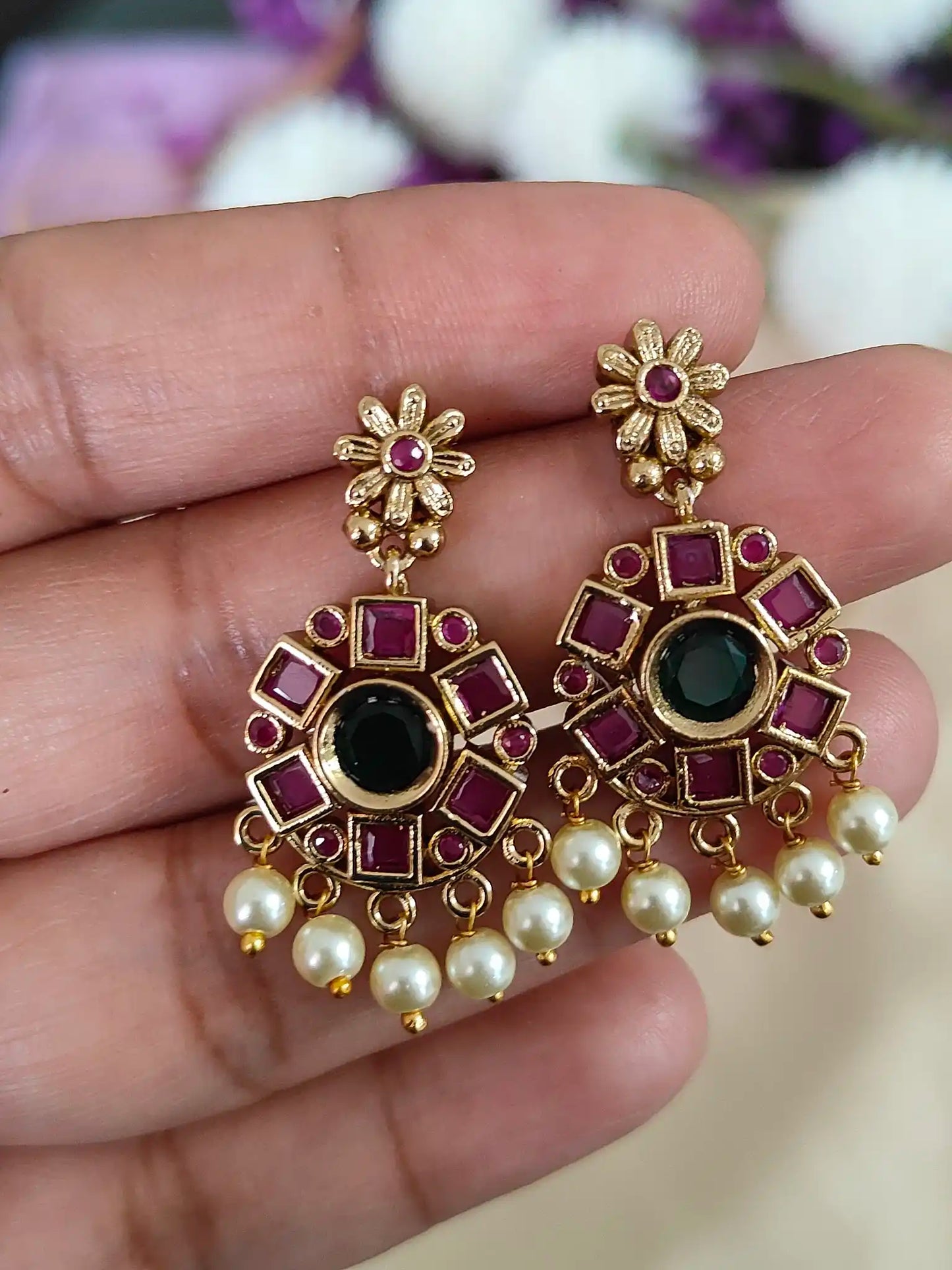 Antique Ruby Green Kemp Necklace & Earring Set. Code - 130