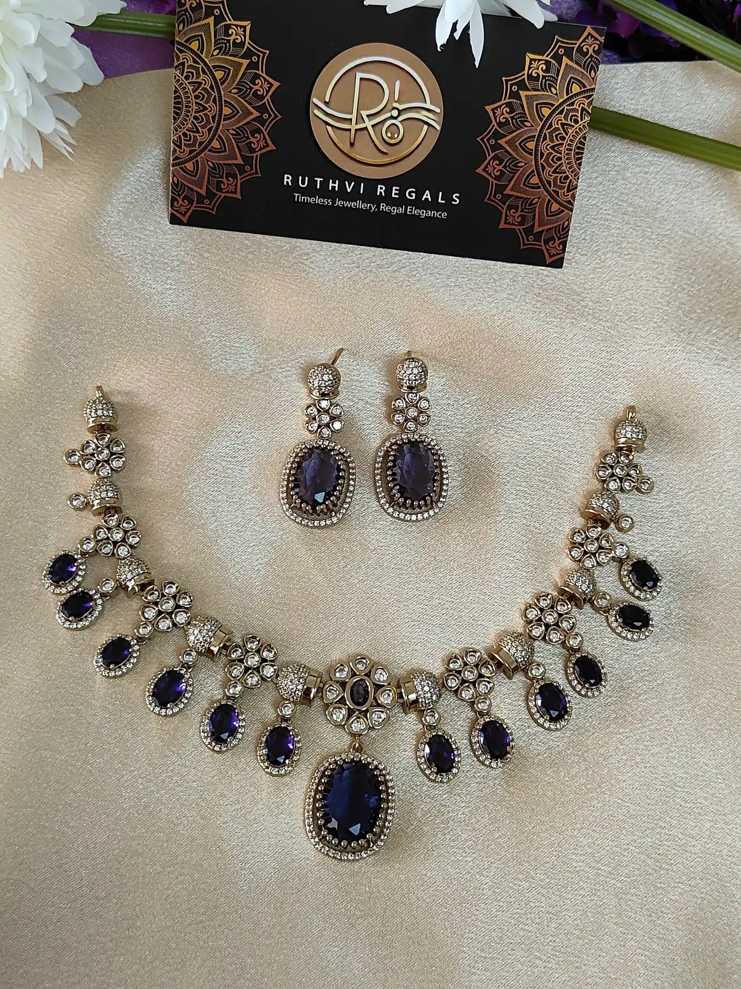 Victorian Mehndi Polish Emerald & Purple AD Necklace Set