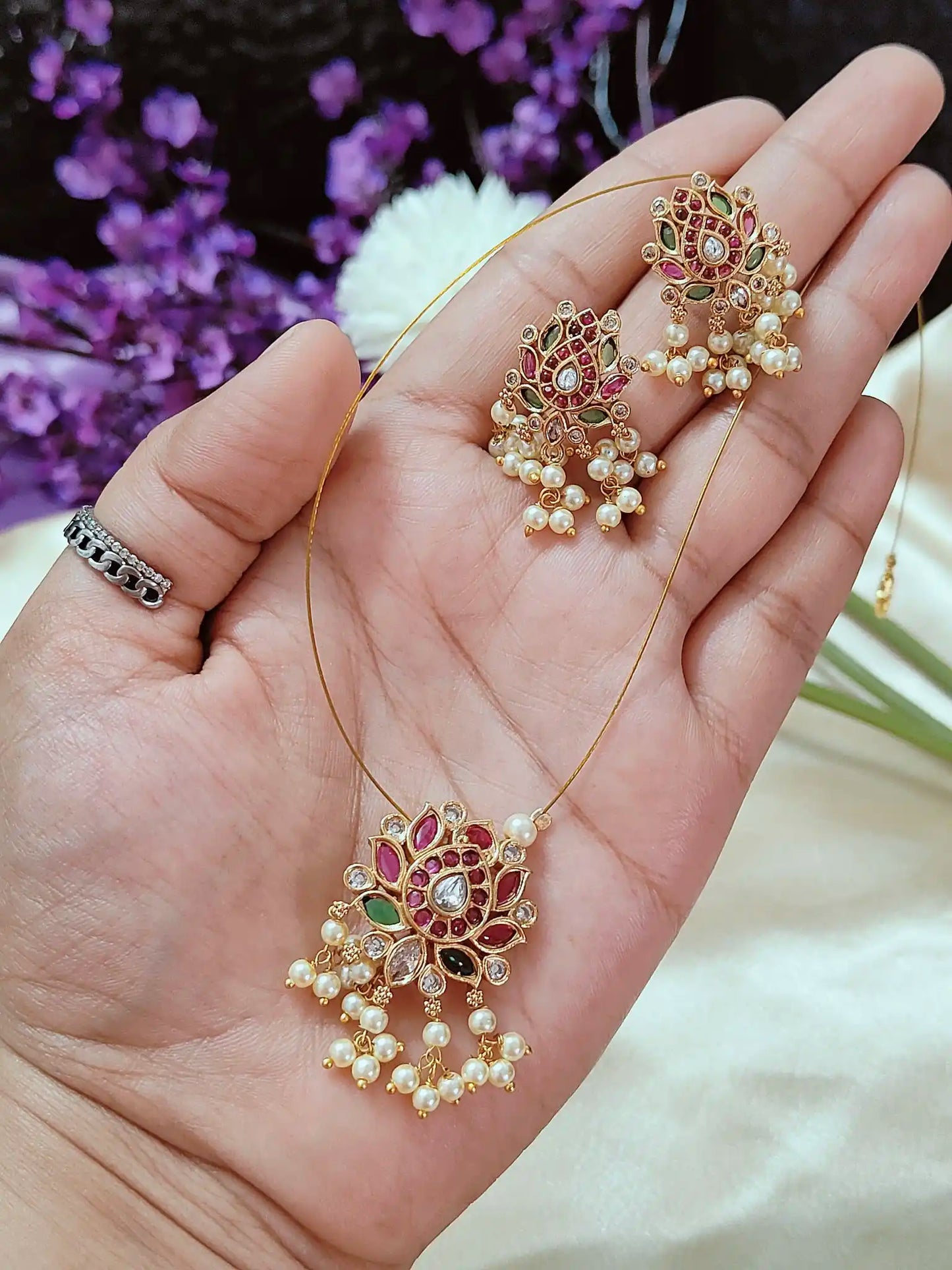 Elegant Kundan Floral Pendant with Invisible Chain & Pearl Drops - ivc0022