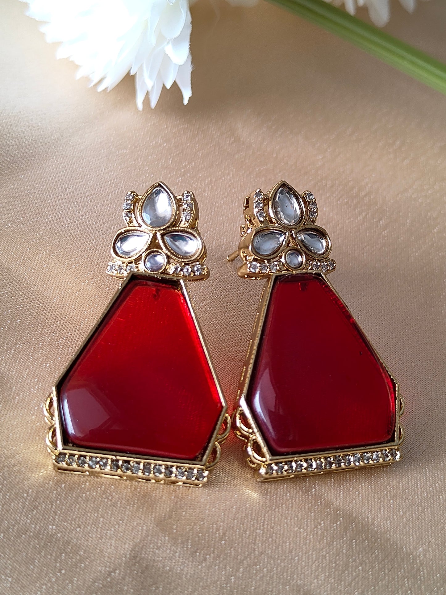 Premium Regal Red Kundan-Style Drop Earrings