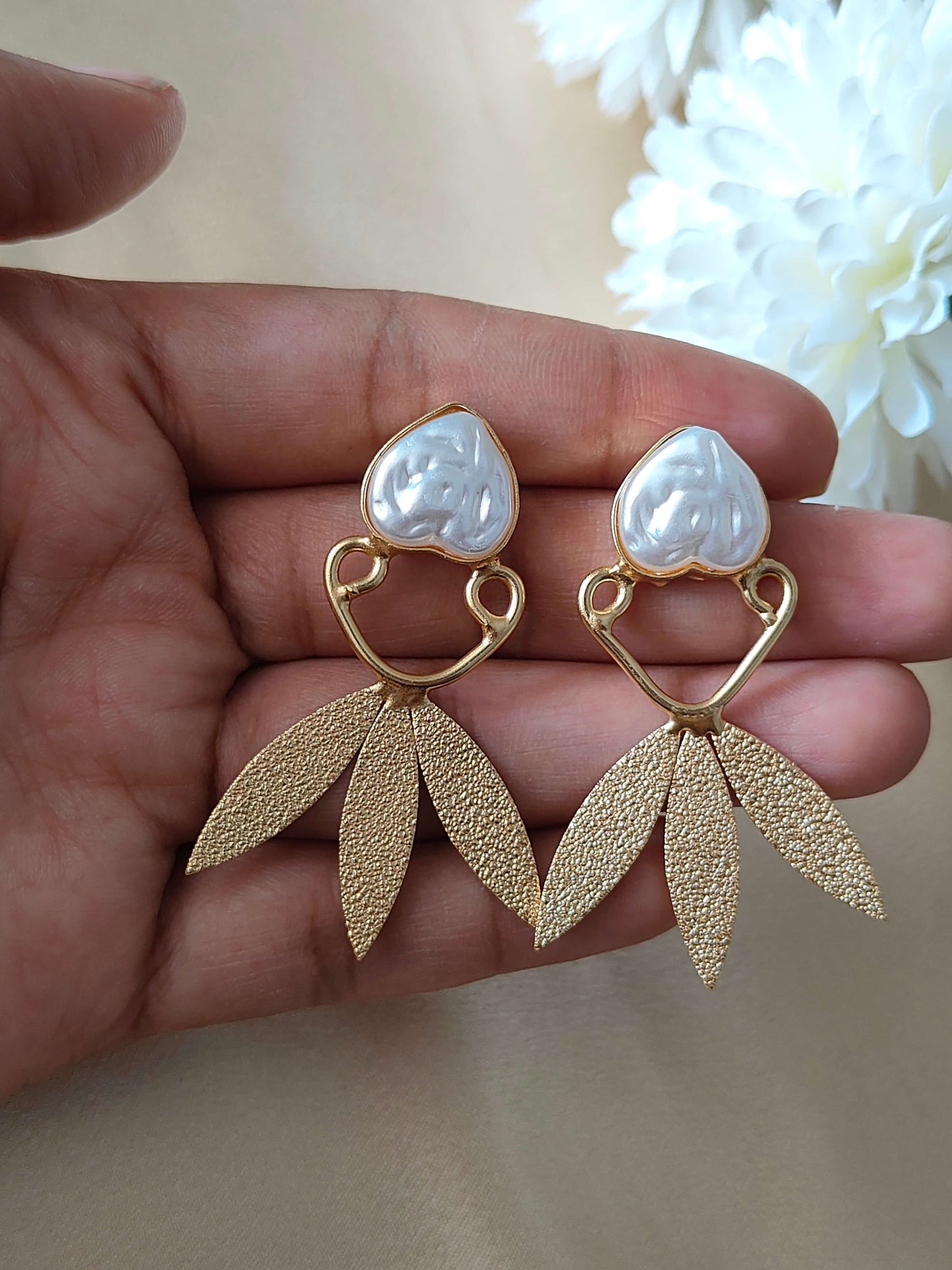 Heart Pearl and Textured Leaf Drop Earrings