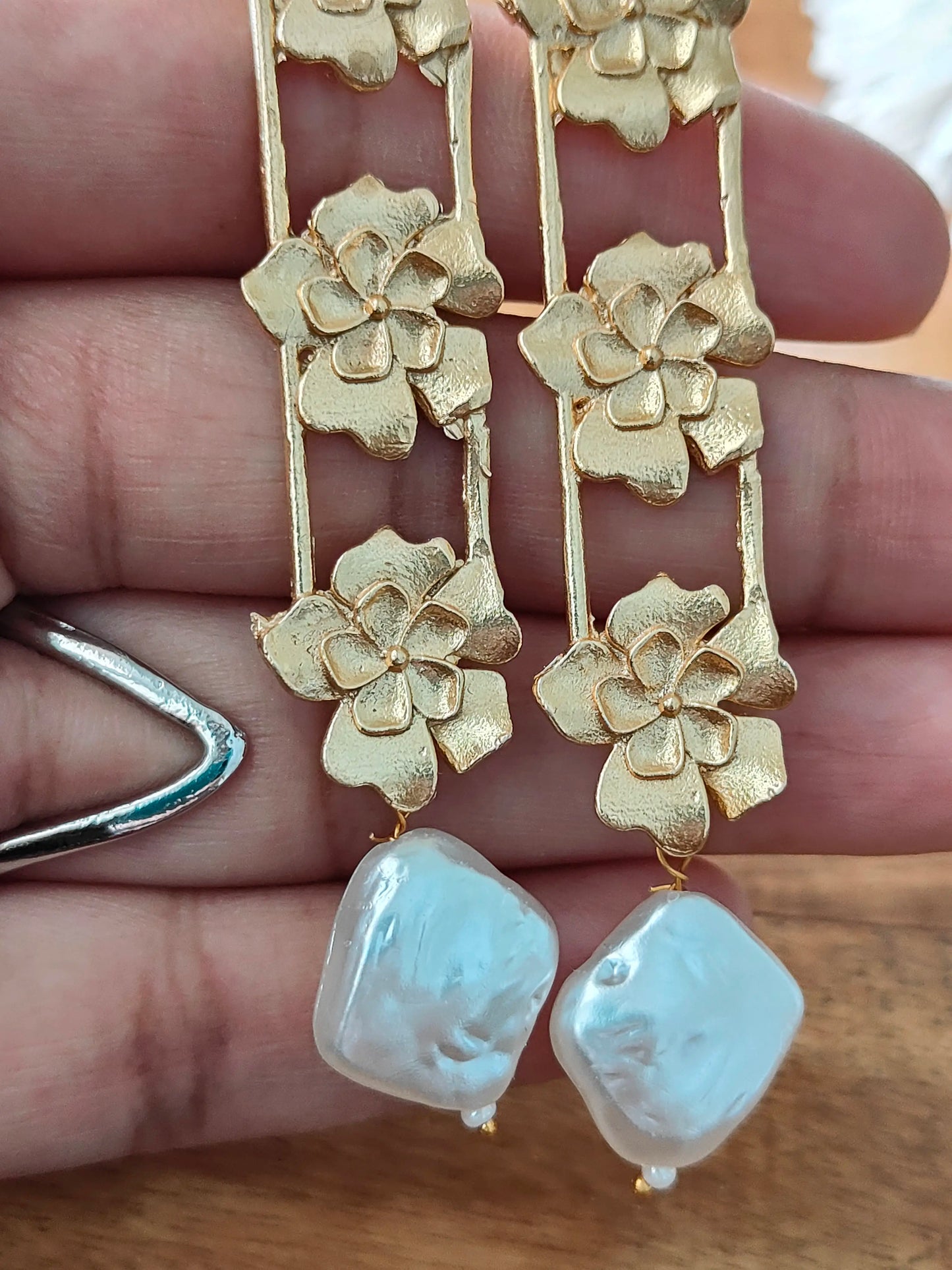 Gold Floral Baroque Pearl Dangle Earrings
