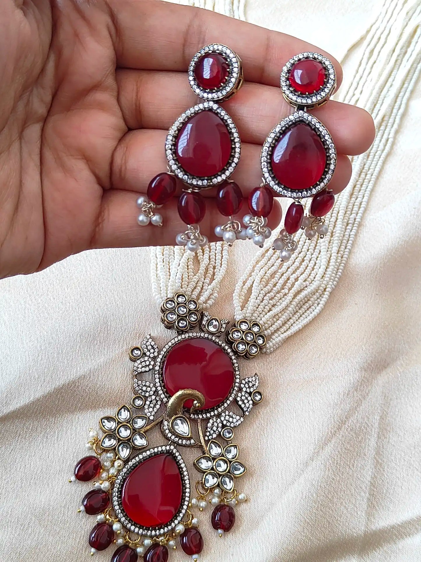 Royal Ruby Red Stone & Pearl Multistrand Necklace Set