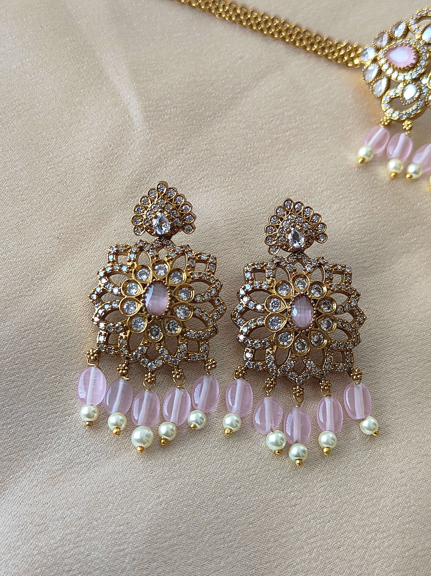 Elegant Gold-Toned Choker & Earring Set with Pink Beads.