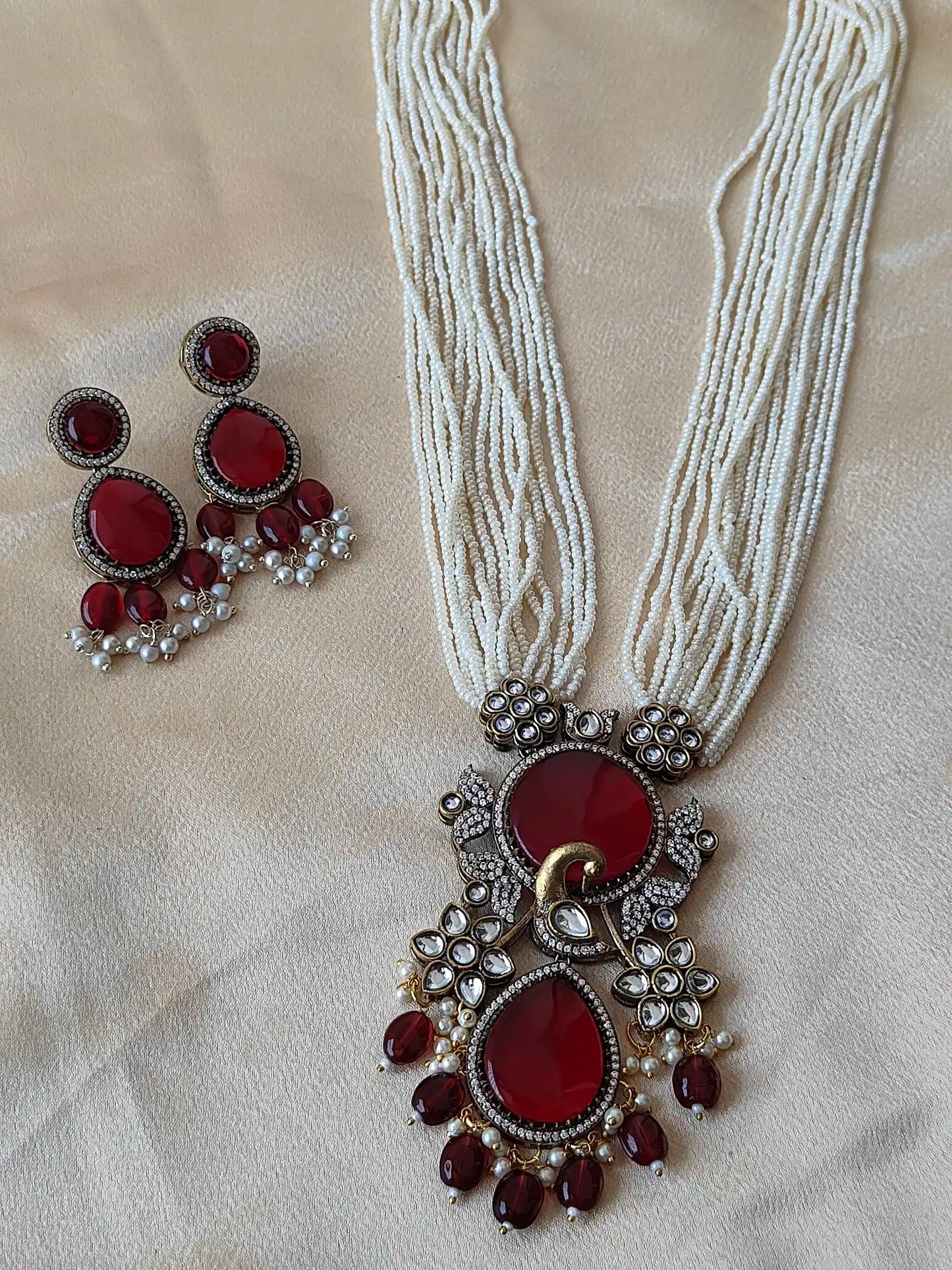 Royal Ruby Red Stone & Pearl Multistrand Necklace Set