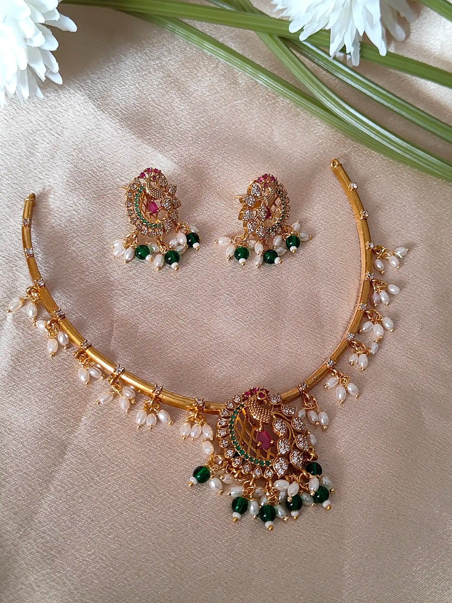 Traditional Temple Jewellery Peacock Necklace Set c - hn0026