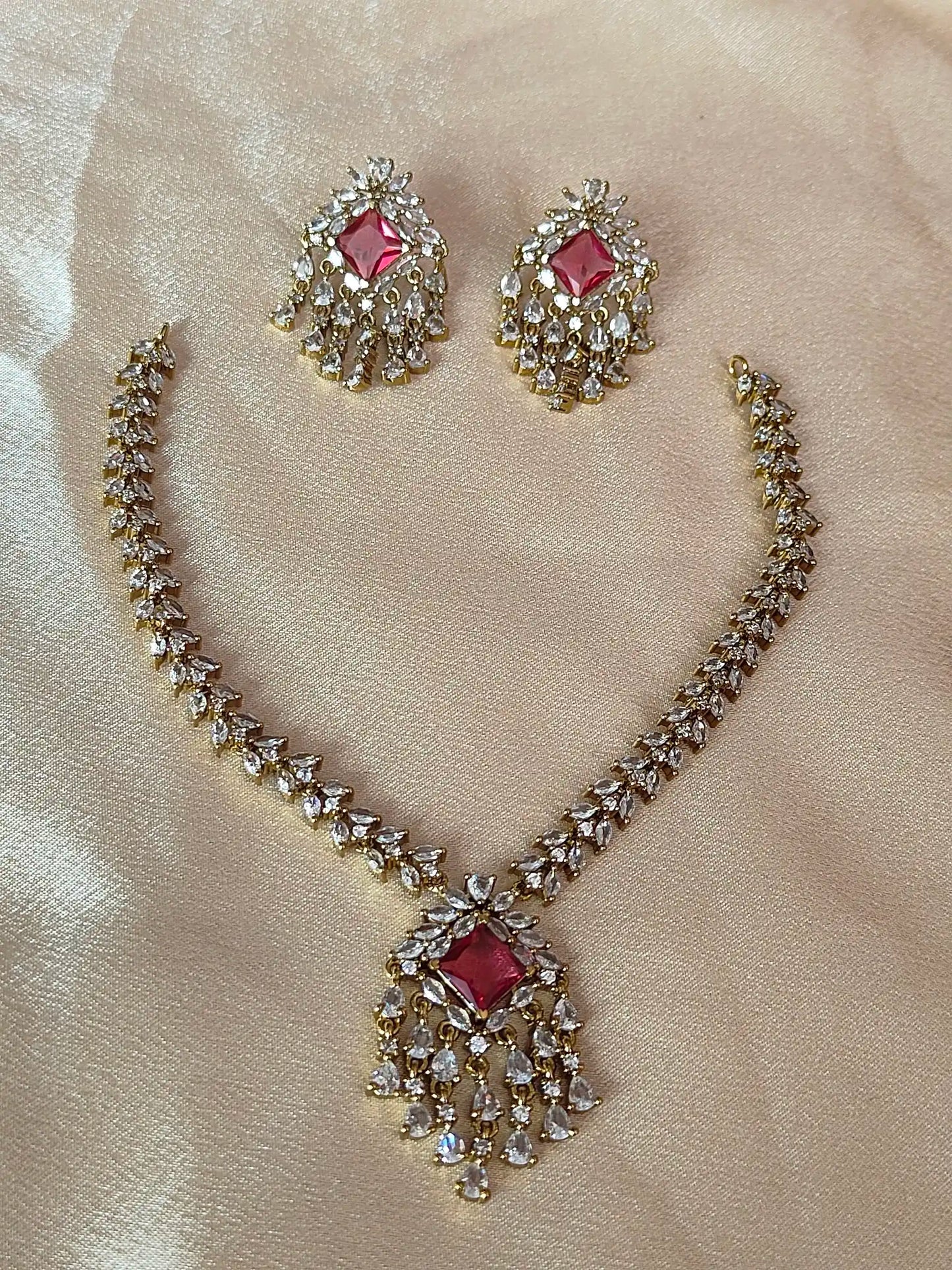 Radiant AD Stone Necklace Set with Pink Centerpiece. Code - 143