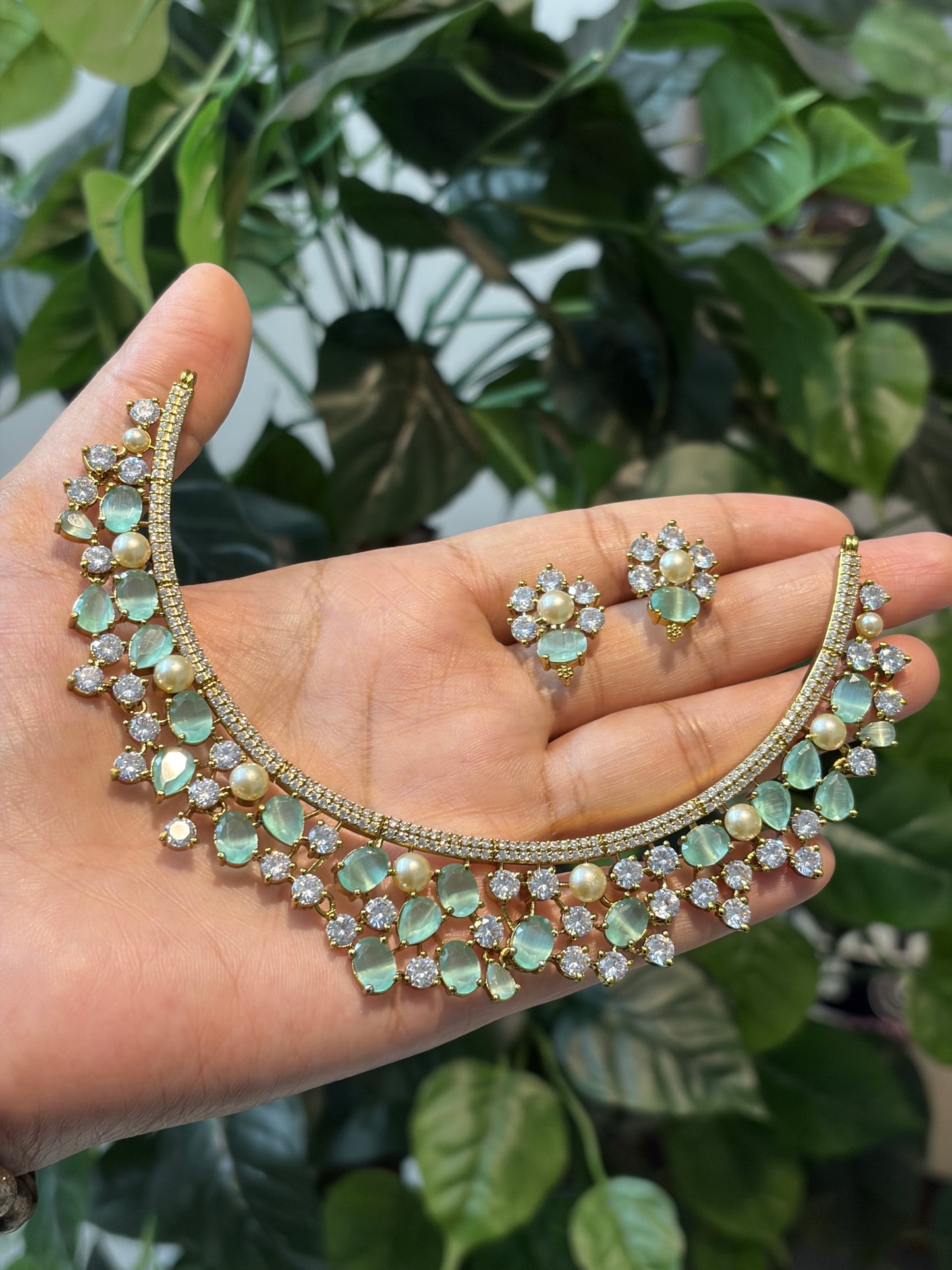 Pastel Statement Necklace Set with Pearls & Moissanite Stones