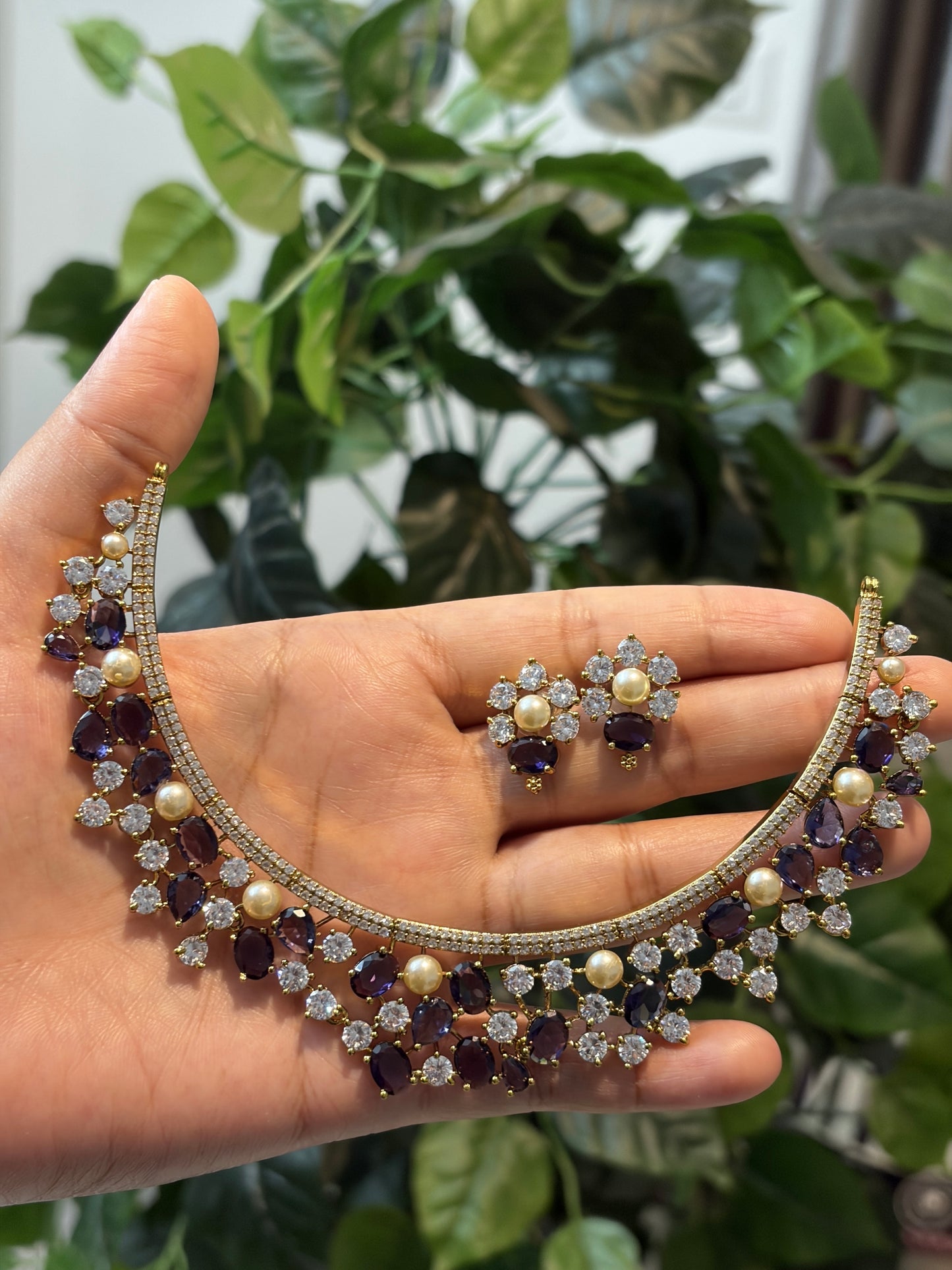 Pastel Statement Necklace Set with Pearls & Moissanite Stones