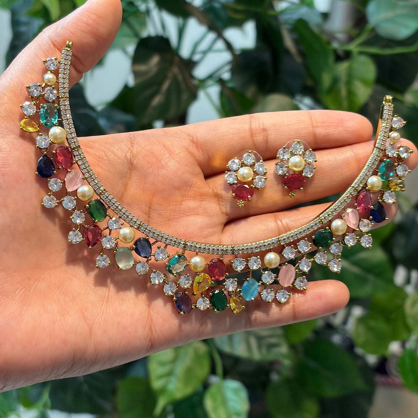 Pastel Statement Necklace Set with Pearls & Moissanite Stones