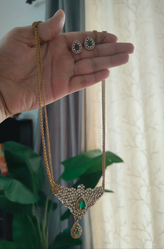 Emerald Stone AD Necklace with Matching Studs.                    C - 187