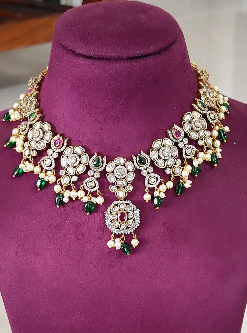 Antique Kundan Bridal Set with Ruby Stones & Emerald Drops
Code : 127