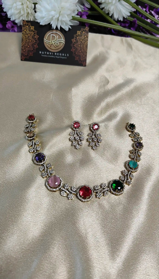Multicolour Necklace Set with Floral Diamond Accents.             Code - 174
