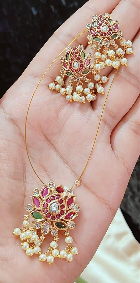 Elegant Kundan Floral Pendant with Invisible Chain & Pearl Drops - ivc0022