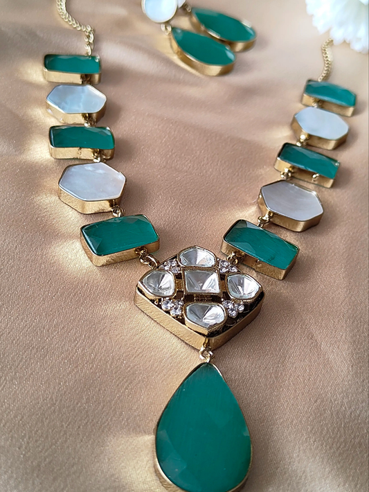 Elegant Green & White Kundan Stone Necklace Set with Drop Earrings