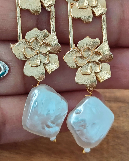 Gold Floral Baroque Pearl Dangle Earrings